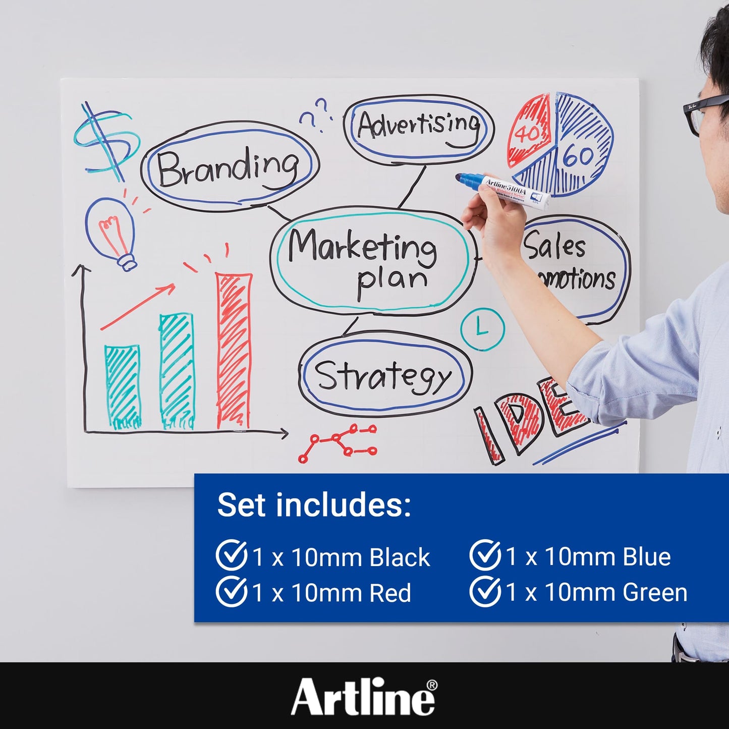 Artline 5109A Magnum White Board Markers Dry Erase with Jumbo Big Nib For Clear, Visible Lettering, Black, Red, Blue, and Green - 4 Pack