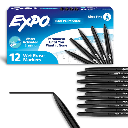 EXPO Wet Erase Markers, Semi-Permanent, Black, Ultra Fine Tip, 12 Count - For Writing on Glass, Whiteboards, Mirrors, Calendar, Labeling, Organizing (Pack of 12)