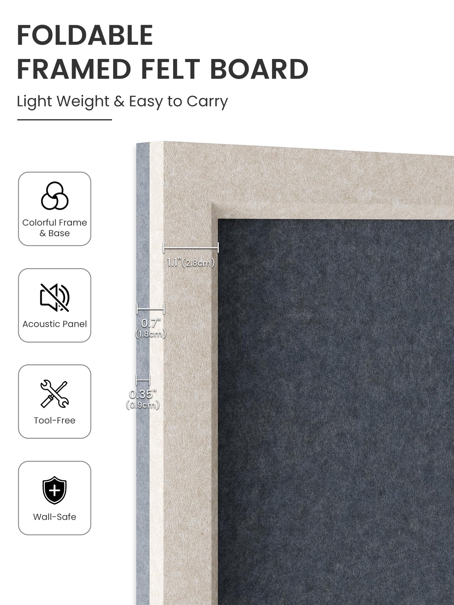 Fluxynara Foldable Cork Board Alternative, Felt Bulletin Board 23.6" x 17.5" Oatmeal Frame with 12 Adhesive Tabs, Pin Board for Home Office, Classroom, Entryway, Kitchen Wall Decor—Navy Blue