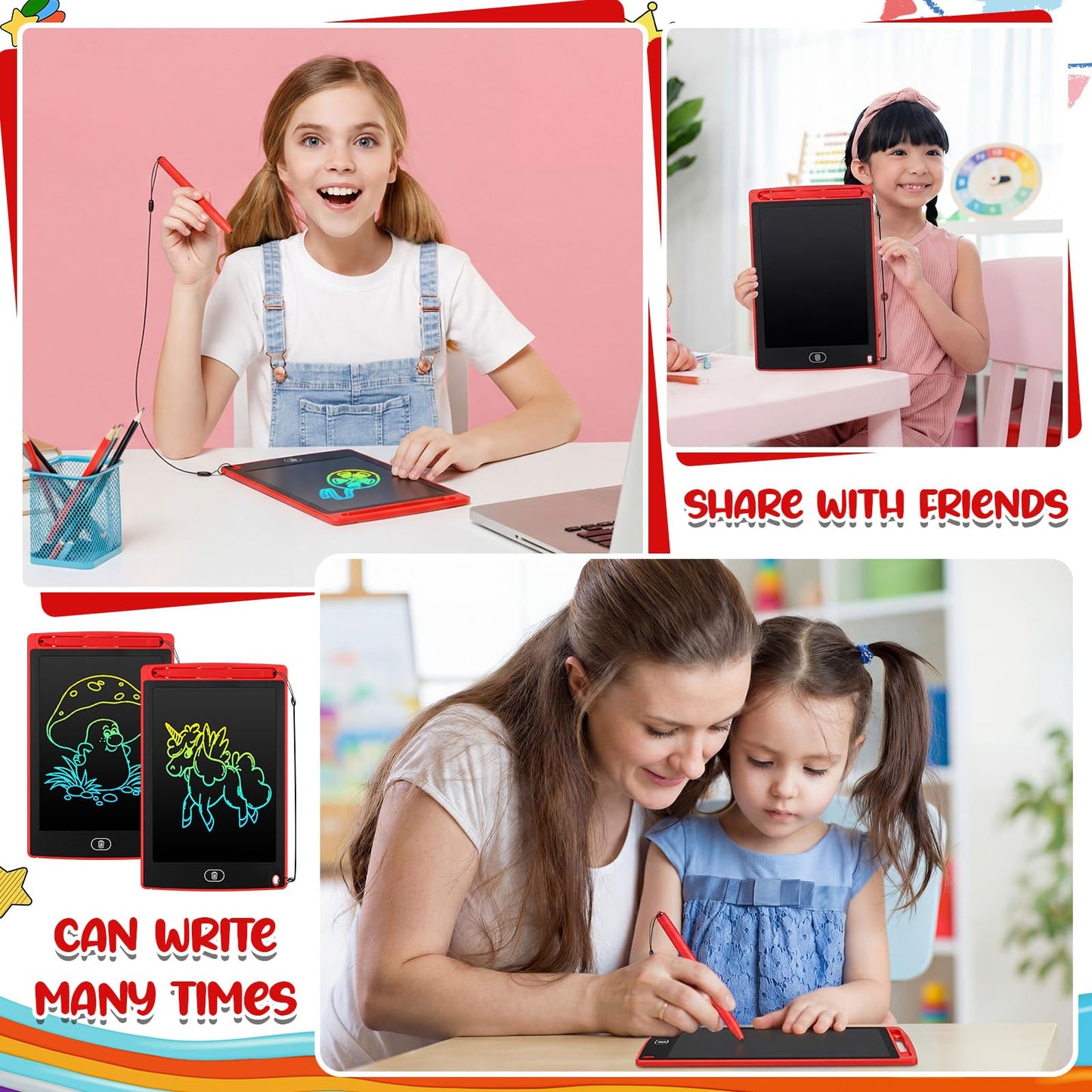 Zhehao 24 Pieces LCD Writing Tablet Doodle Board 8.5 Inch Colorful Reusable Screen Board Pad Reusable Drawing Writing Learning Educational Pad Toys for Girls Boys 8-10 3-10 (Red,Round Style)