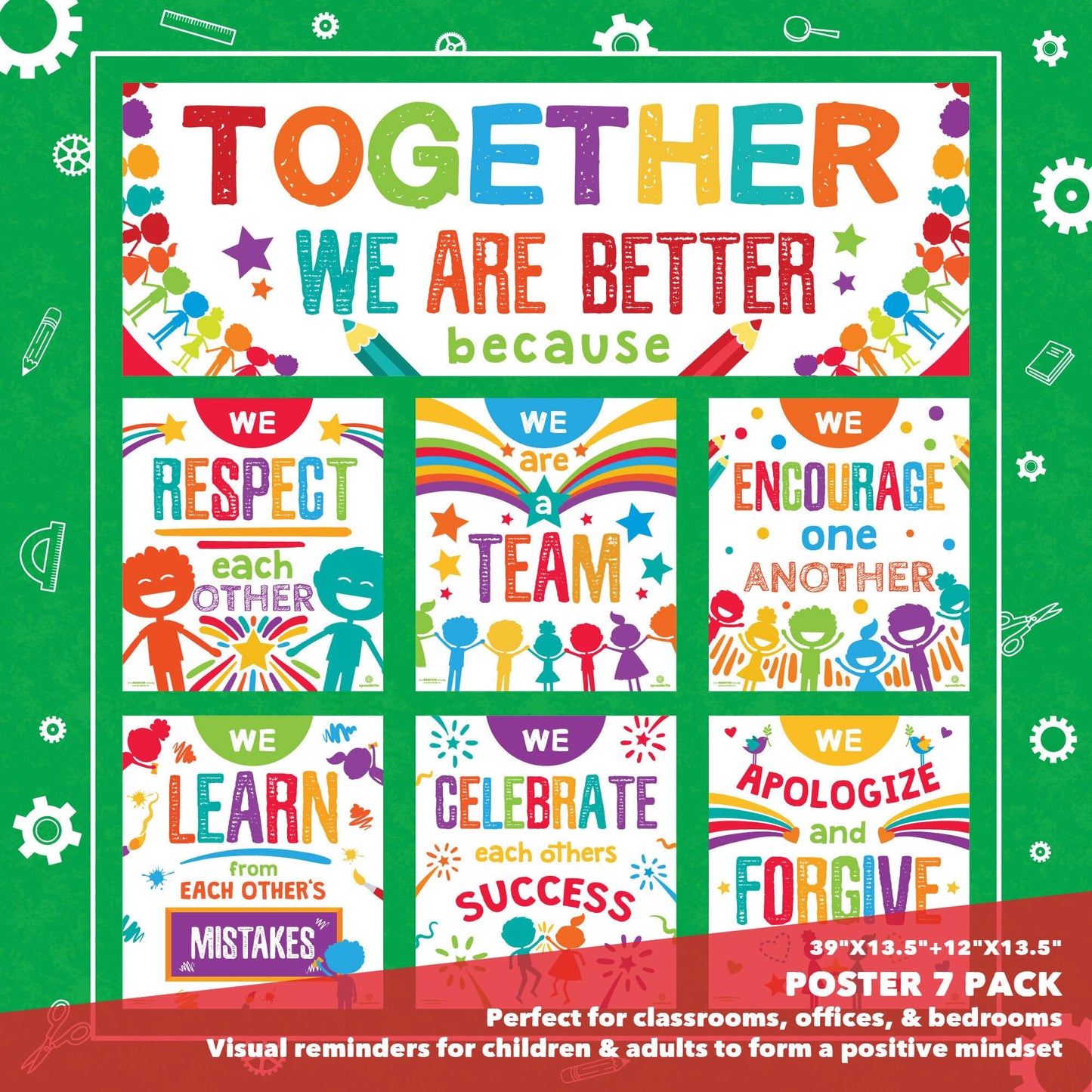 Sproutbrite 7 Educational Posters & Charts - Big Banner 13.5" x 39" Smaller 12" x 13.5" - Together We Are Better Banner & Teacher Posters - Bulletin Board and Wall Decor for Pre, Elementary and Middle School - Promotes Respect, Teamwork, and Positive Clas
