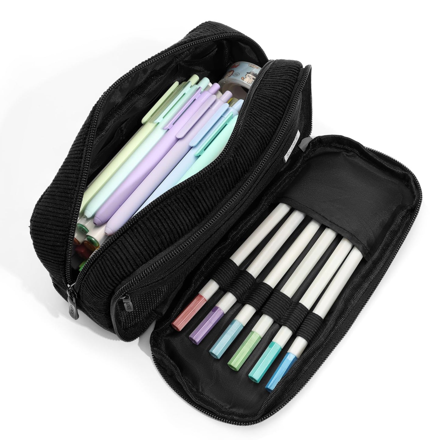SUNEE Pencil Case, Large Capacity Pencil Pouch, Aesthetic Big Pen Bag, Soft Corduroy Pen Box for Office Stationery Organizer School Supplies Multifunctional for Teen Boys Girls Women Men, Jet Black
