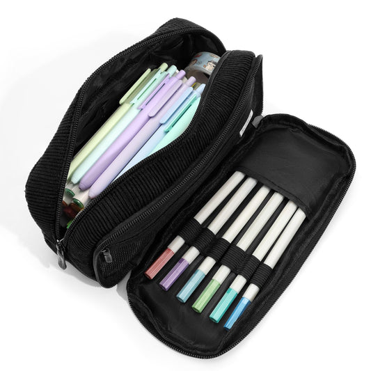 SUNEE Pencil Case, Large Capacity Pencil Pouch, Aesthetic Big Pen Bag, Soft Corduroy Pen Box for Office Stationery Organizer School Supplies Multifunctional for Teen Boys Girls Women Men, Jet Black