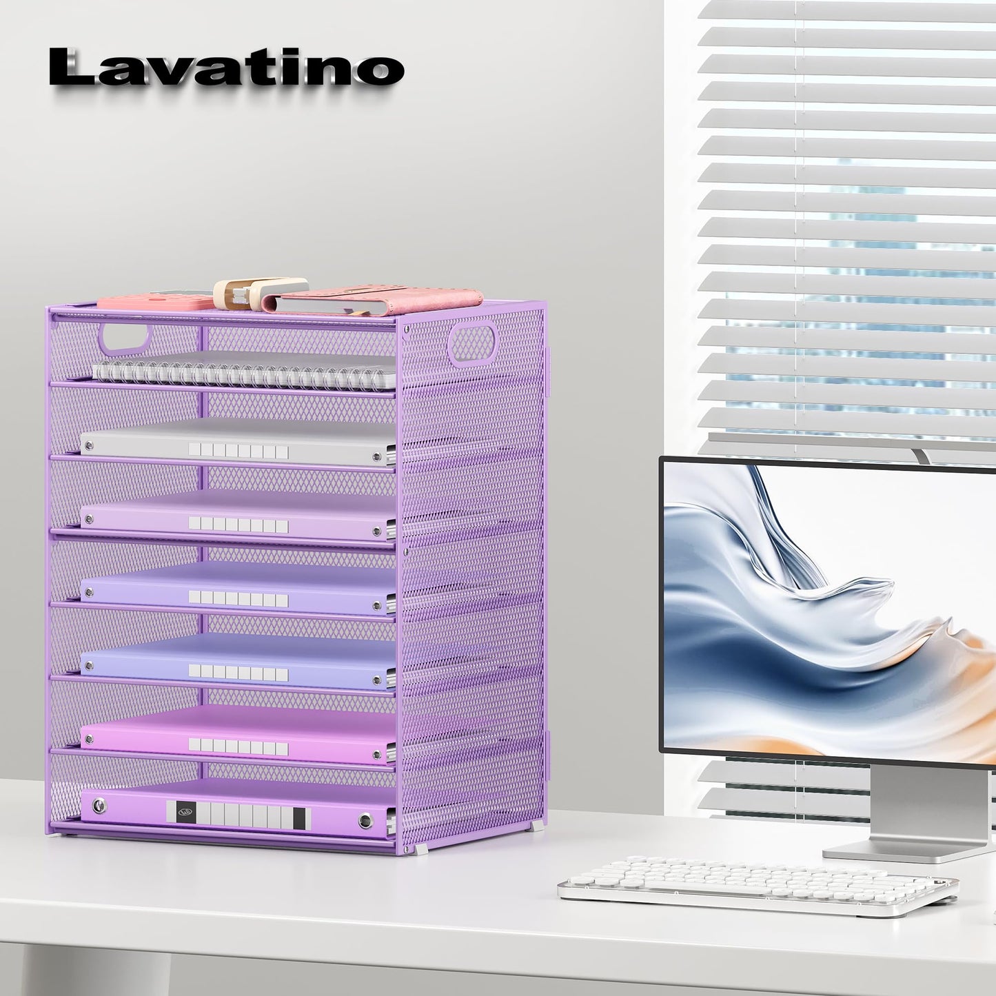 Lavatino 2 Pack 8-Tier Office Desk File Organizer, Letter Tray Paper Organizer with Handle, Including 5 Adjustable Slide Trays for Organizing Desk Workspace Accessories and Supplies (Purple Mesh)