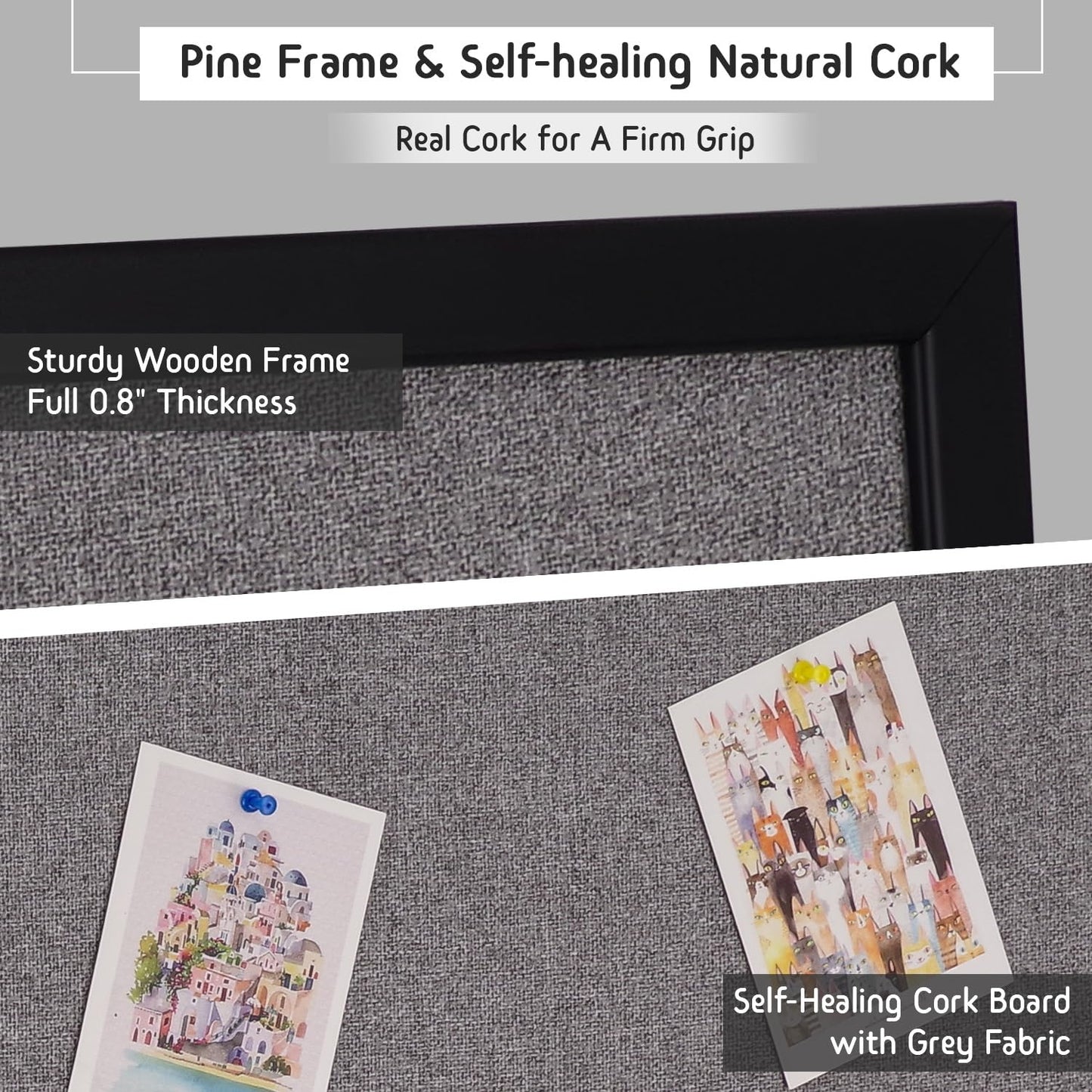 Bulletin Board 36 x 24 Inch, 100% Wood Framed Canvas Cork Board with Grey Fabric, Wall Mounted Notice Board for Home Office School