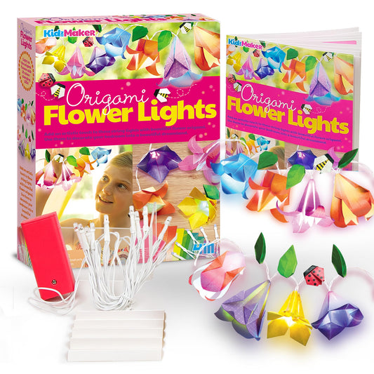 KidzMaker - Origami Flower Lights - DIY Craft Kit for Kids - Make Beautiful Flower-Shaped Origami Paper Kit Lights - Includes Colorful Papers & LED Lights - Fun Creative Activity for Room Decoration