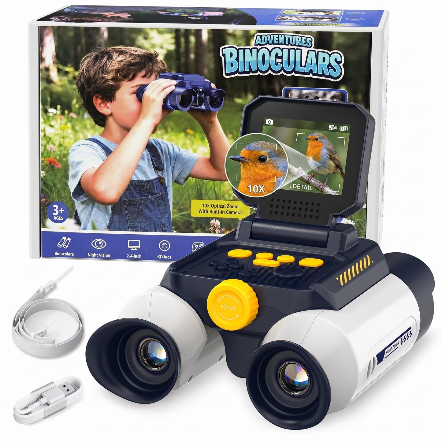 OAEBLLE Kids Binoculars with Night Vision Camera, 10X Zoom Digital Adventures Telescope with 2.4" IPS Screen, Nature Explorer STEM Toys for Bird Watching Camping, Gifts for Boys Girls Age 4-12 - White
