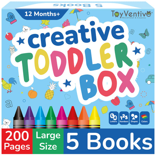 Coloring Books for Toddlers 1-3 with Large Pages & Crayons for Toddlers 1-3, Boys Coloring Book Set Featuring Letters, Numbers, Shapes, Animals & Food Activities, 2 Year Old Workbook Set in Blue Box