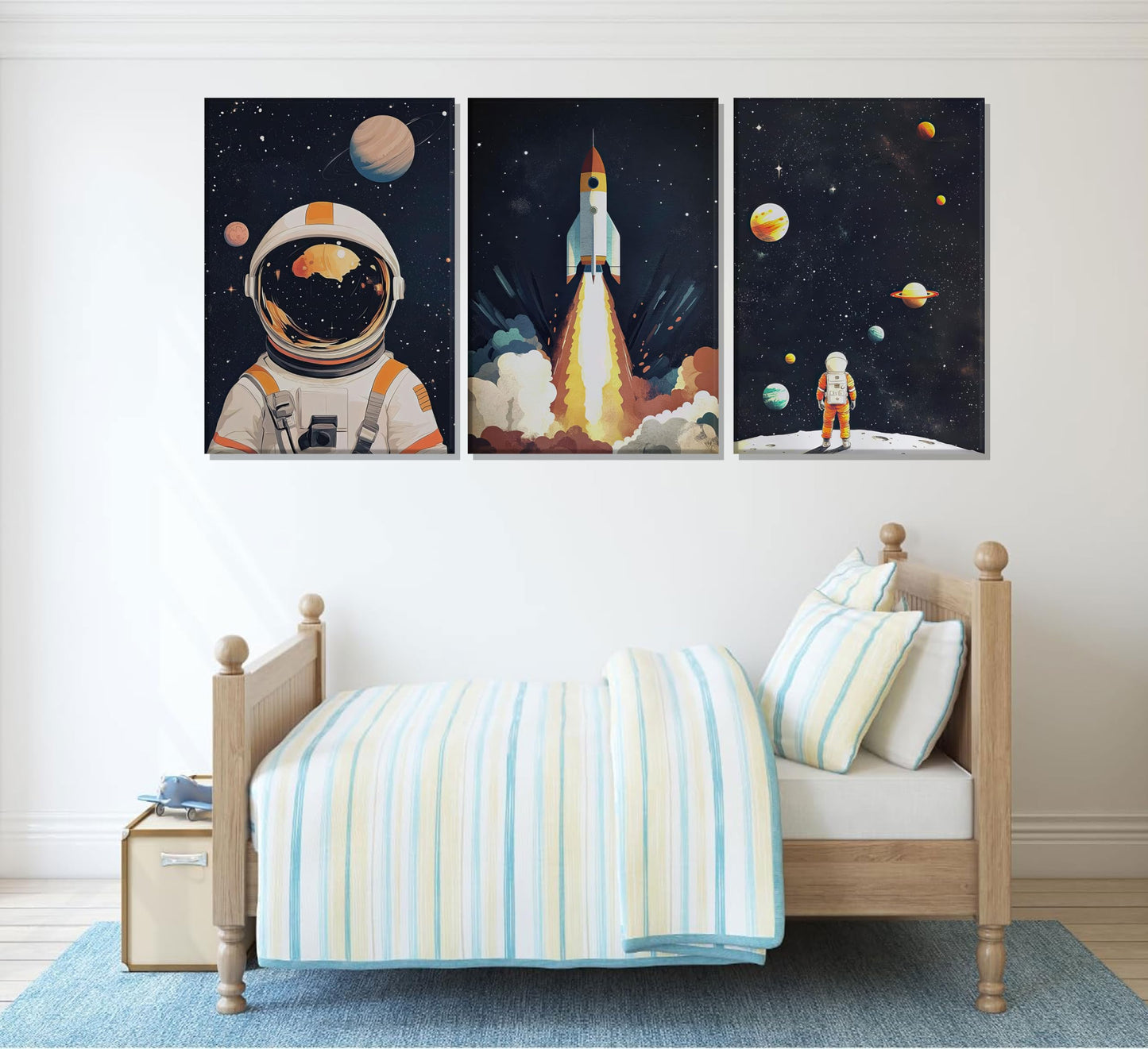 3Pcs Space Astronaut Canvas Wall art Cute Astronaut Nursery Galaxy Posters Modern Space Themed Print Rocket Pictures Toddler Boy Room Wall Decor for Adventure Kids Bedroom Nursery Room Framed
