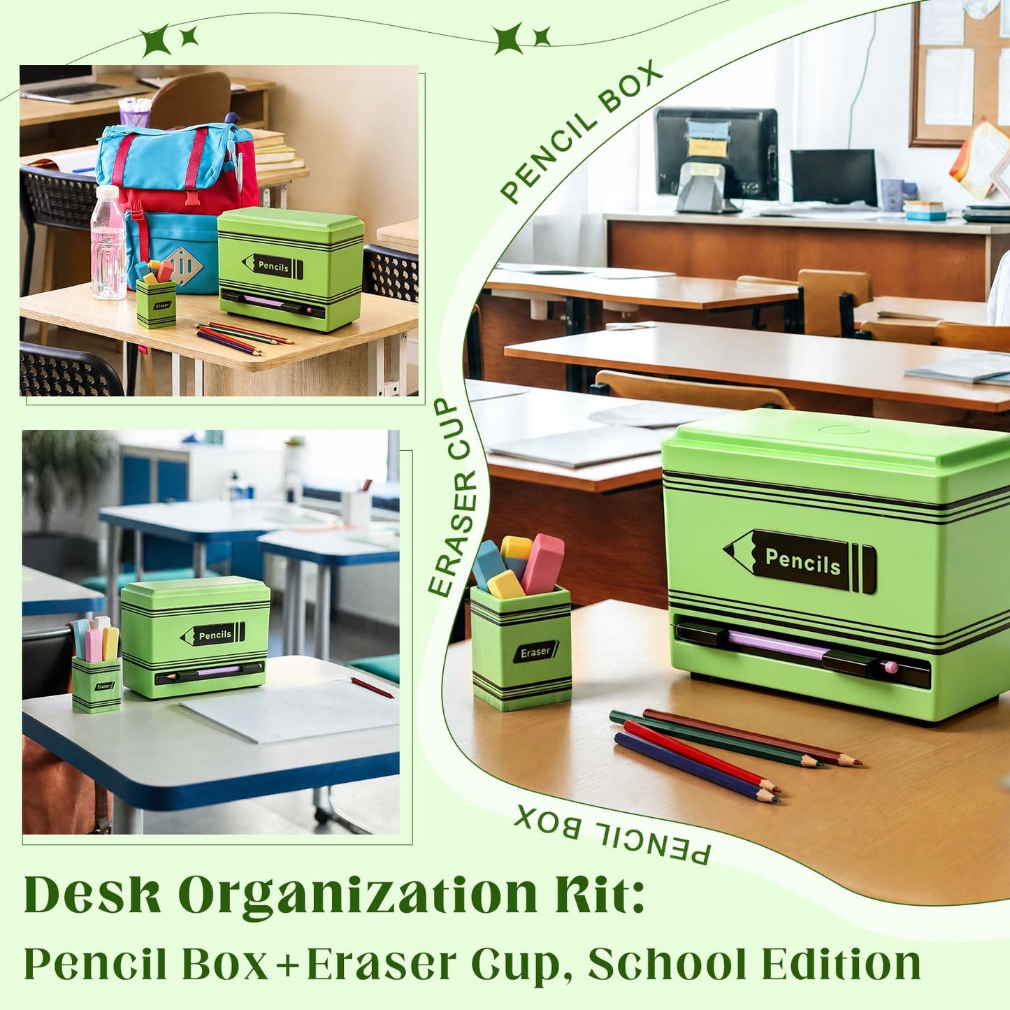 Gueevin 2pcs Pencil Dispenser for Classroom, Fun Desk Organizer with Eraser Holder, Interactive Pencil Storage for Teachers, Students & Homeschool Desk Organizer, Back to School Supplies(Green)