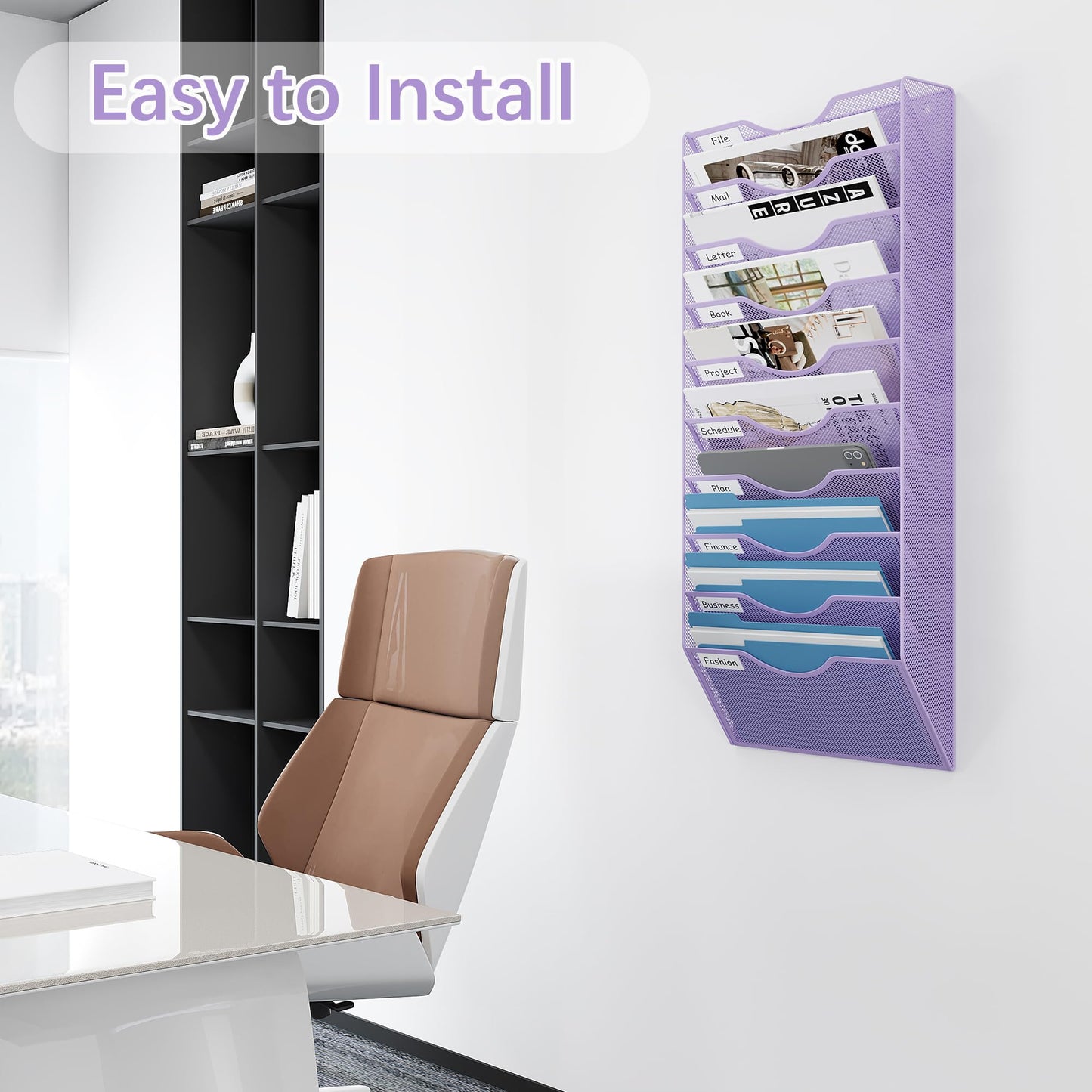 EasyPAG 10 Pocket Mesh Wall File Organizer, Hanging Paper Folder Holder with Classify Label, Vertical Wall Mount Mail Organizer for Office Home Classroom, Purple
