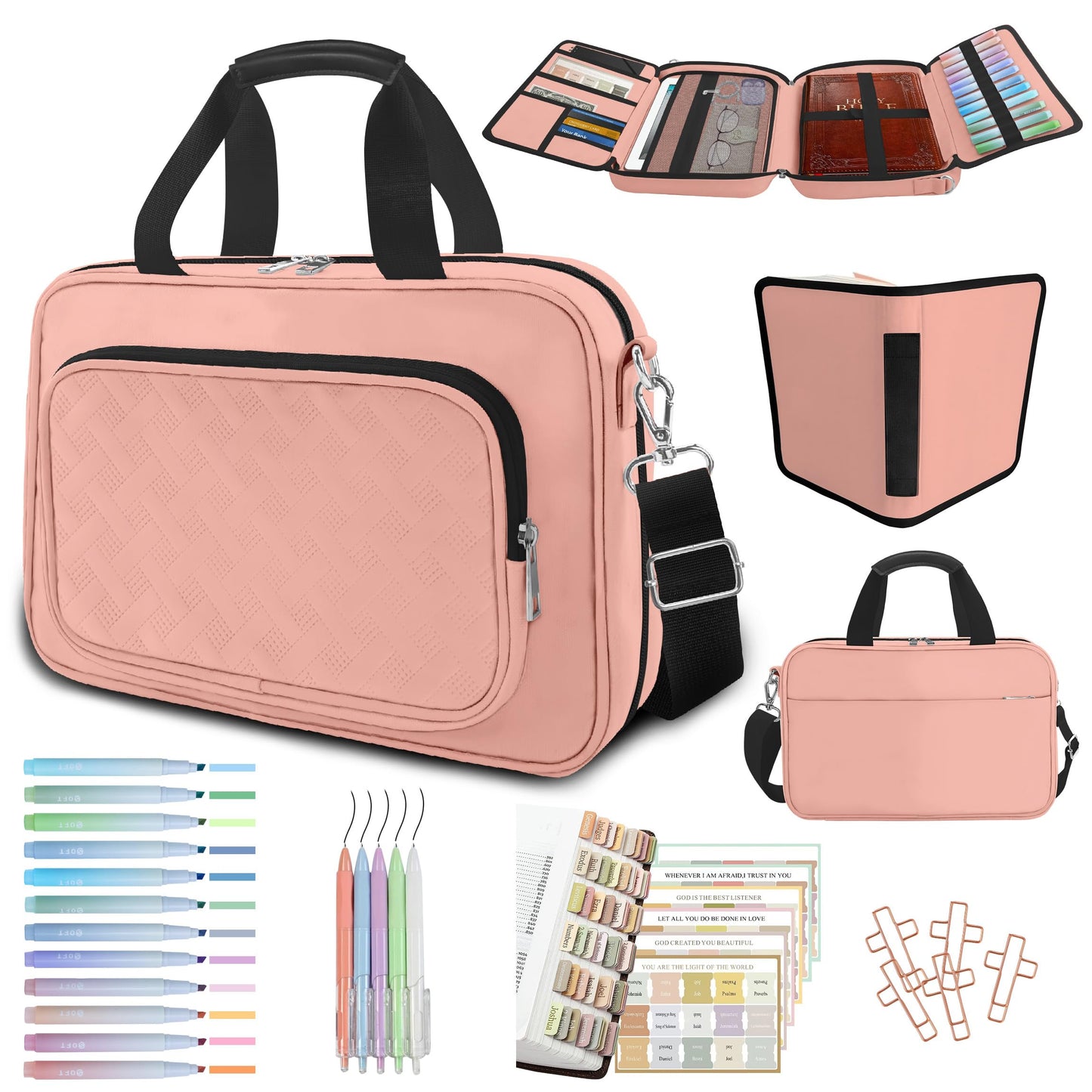 IBOVODI Pink Large Bible Cover Case for Women, Bible Study Supplies Bible Journaling Kit Book Carrying Case Church Bag with Shoulder Strap Handle Zipper Pocket, Christian Gifts