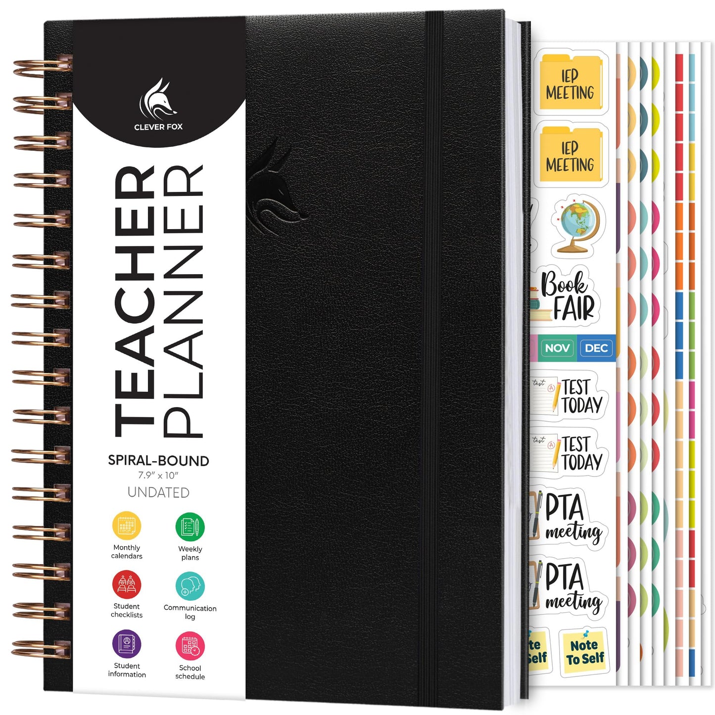 Clever Fox Teacher Planner Spiral – School Year Planner with Calendars & Lesson Plans – Teacher Plan Book for Classroom & Homeschool Organization - Undated, 7.9x10″ (Black)