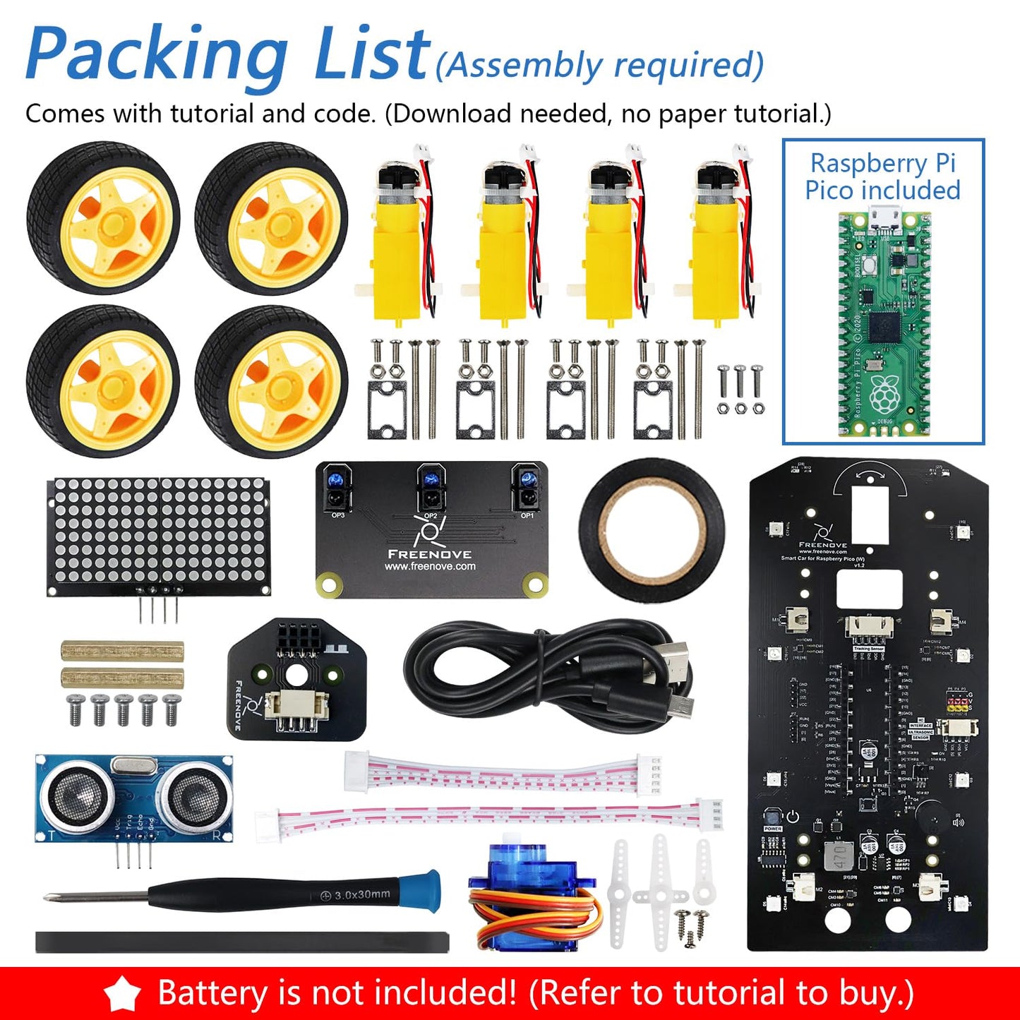 Freenove 4WD Car Kit for Raspberry Pi Pico (Included) (Compatible with Arduino IDE), Dot Matrix Expressions, Obstacle Avoidance, Line Tracking, Light Tracing, Colorful Light