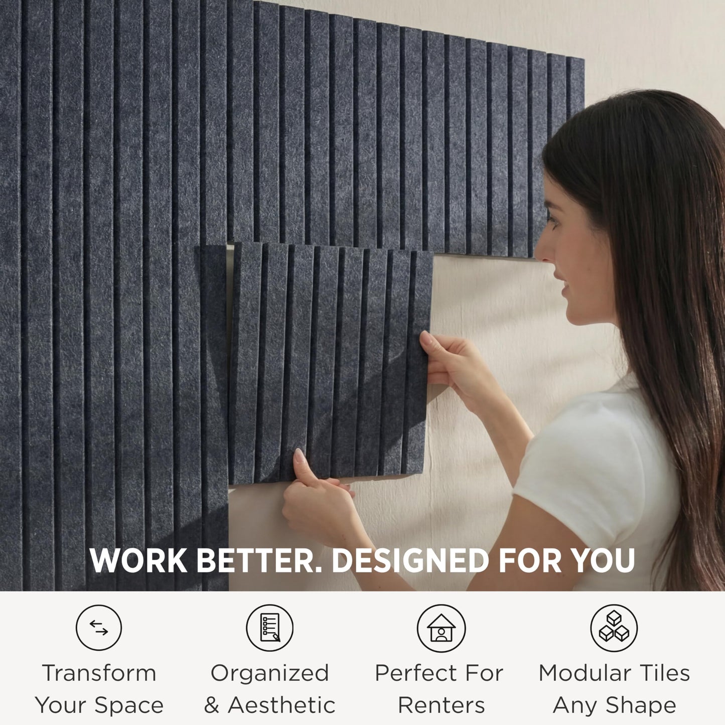 VIVELDA Felt Bulletin Board Tiles 48"x36" - 12-Pack Cork Board Alternative, OEKO-TEX Certified, NRC 0.95 Acoustic Wall Panels, Damage-Free Adhesive, Slatted Design, Home Office & Classroom (Moonstone)