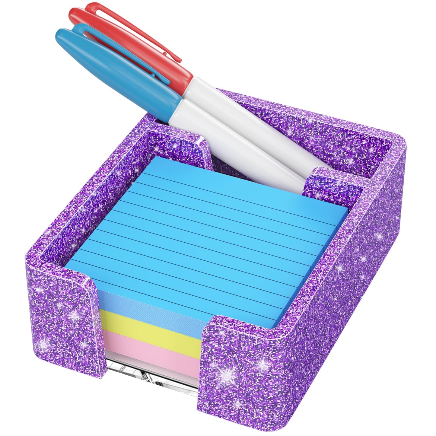 WINFFOR Acrylic Notepad Holder Dispenser - 3x3 in 2IN1 Sticky Note Memo Holder for Desk Organizer (W/O Pads) Office Desk Accessories School Supplies, Glitter Purple