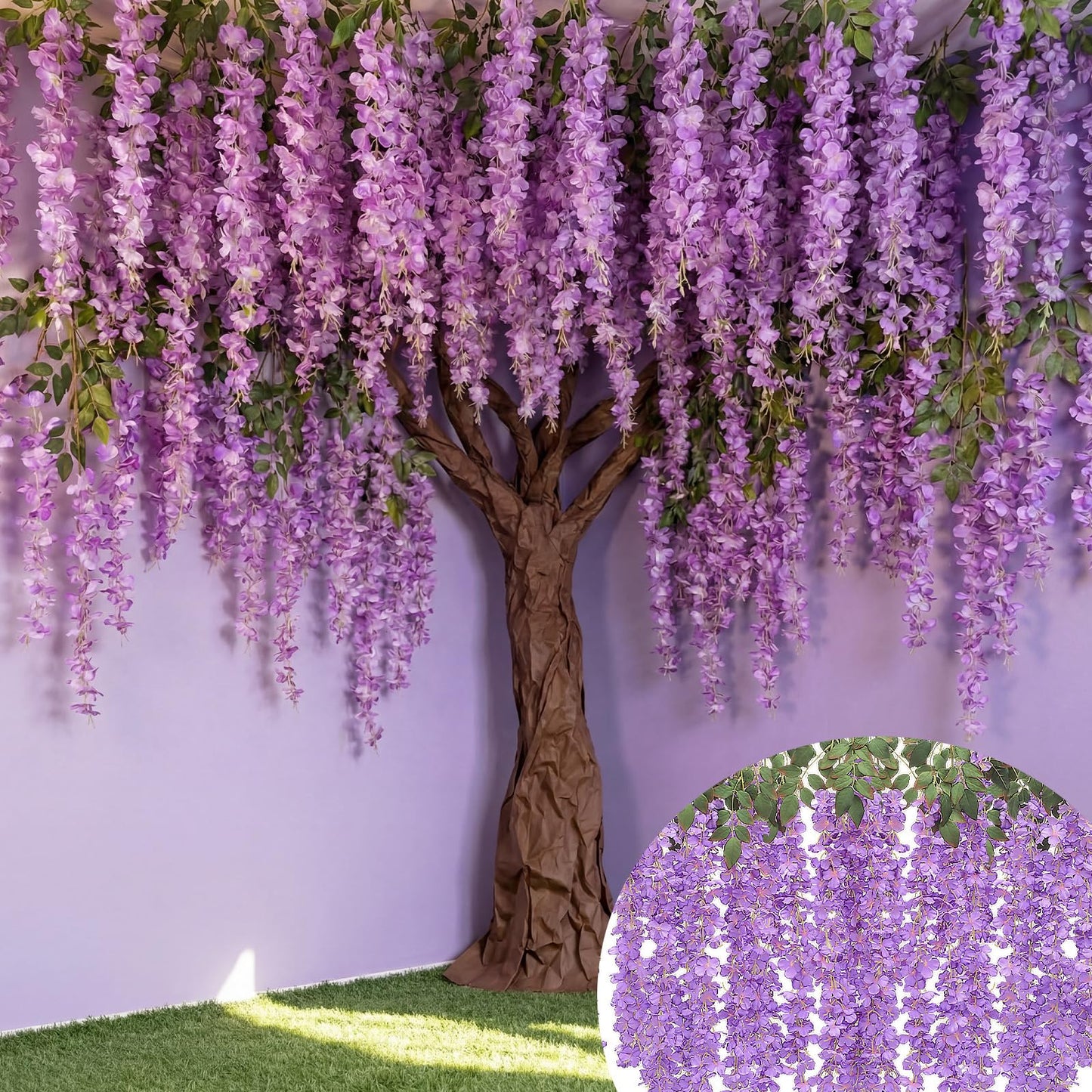 Giegxin 26 Pcs 3D Wisteria Tree for Classroom Room Ceiling Wall Decor Bulletin Board Large Wisteria Garland with 5 Metal Mesh Panel Artificial Fake Hanging Flower Wedding Backdrop(Purple)