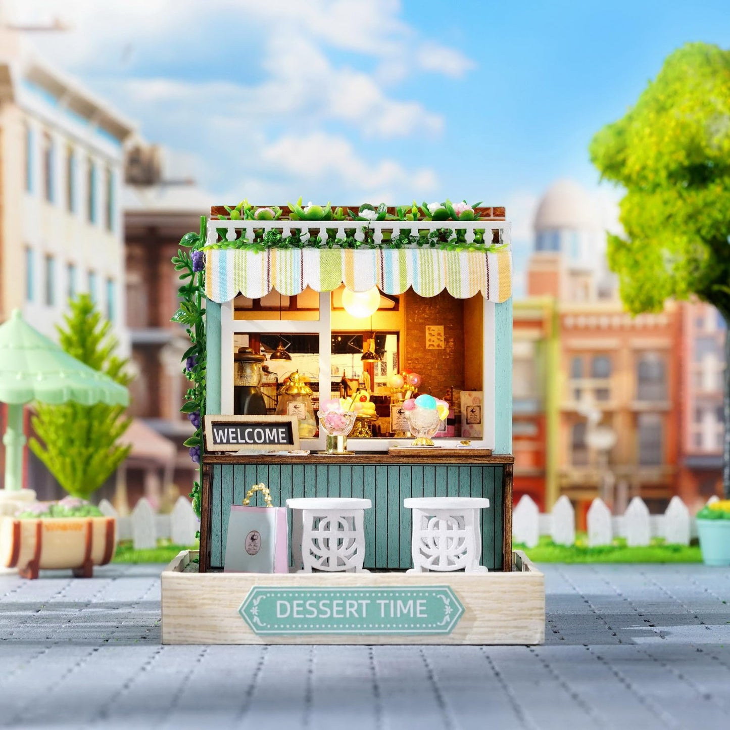 Miniature House Kit, CUTEROOM Tiny House Kit Wooden Dollhouse Kit Mini House Making Kit with Dust Cover, DIY Dollhouse Kit Birthday Gift (Dessert Time)