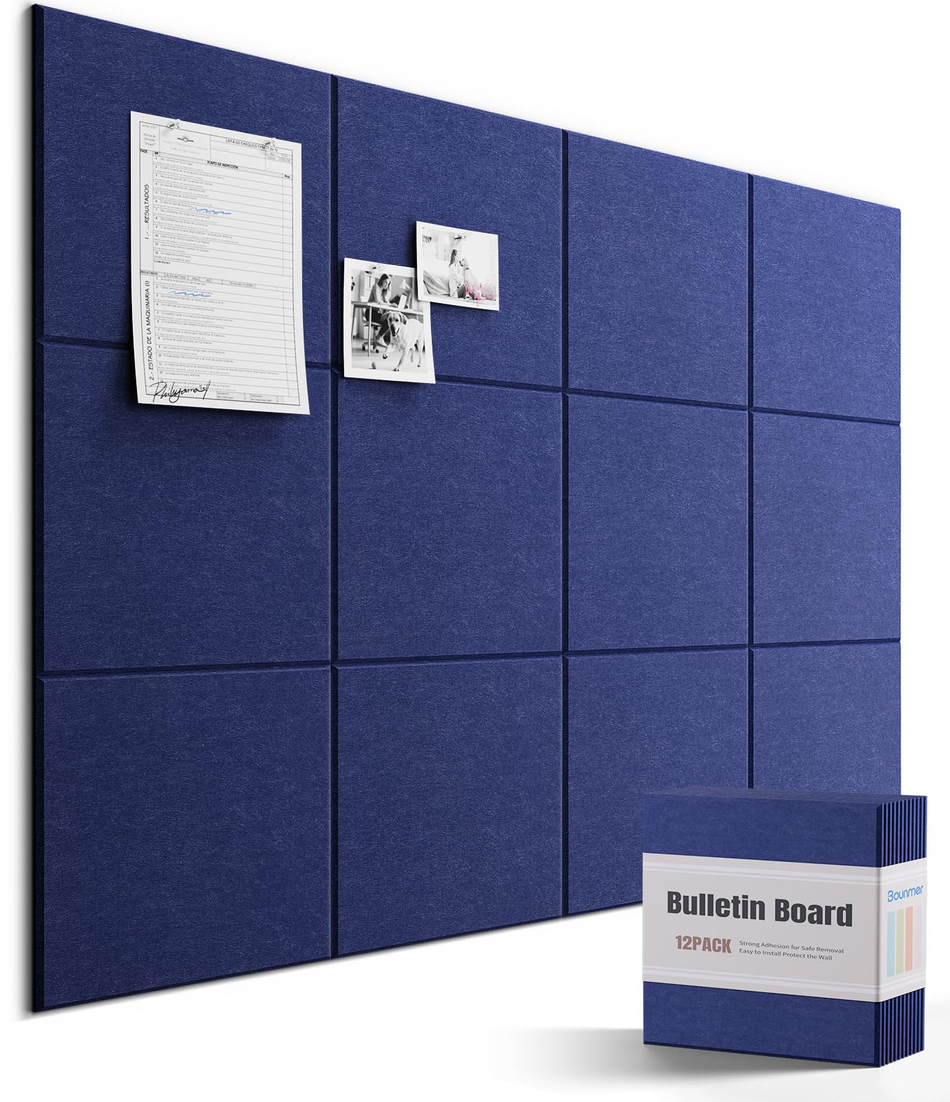 Bounmer Large Cork Bulletin Board - 48" x 36" Cork Board for Walls - 12 Pack Felt Tiles, 60 Removable Safe Adhesive Tabs & 30 Pushpins - for Office, School, Home Decor (Navy Blue)