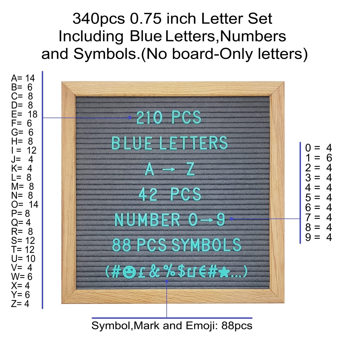 G GAMIT Felt Letter Board Letters Sets - Pre-cut 340pcs 3/4 Inch(0.75") Blue Letters with Canvas Bag(No Board Included)