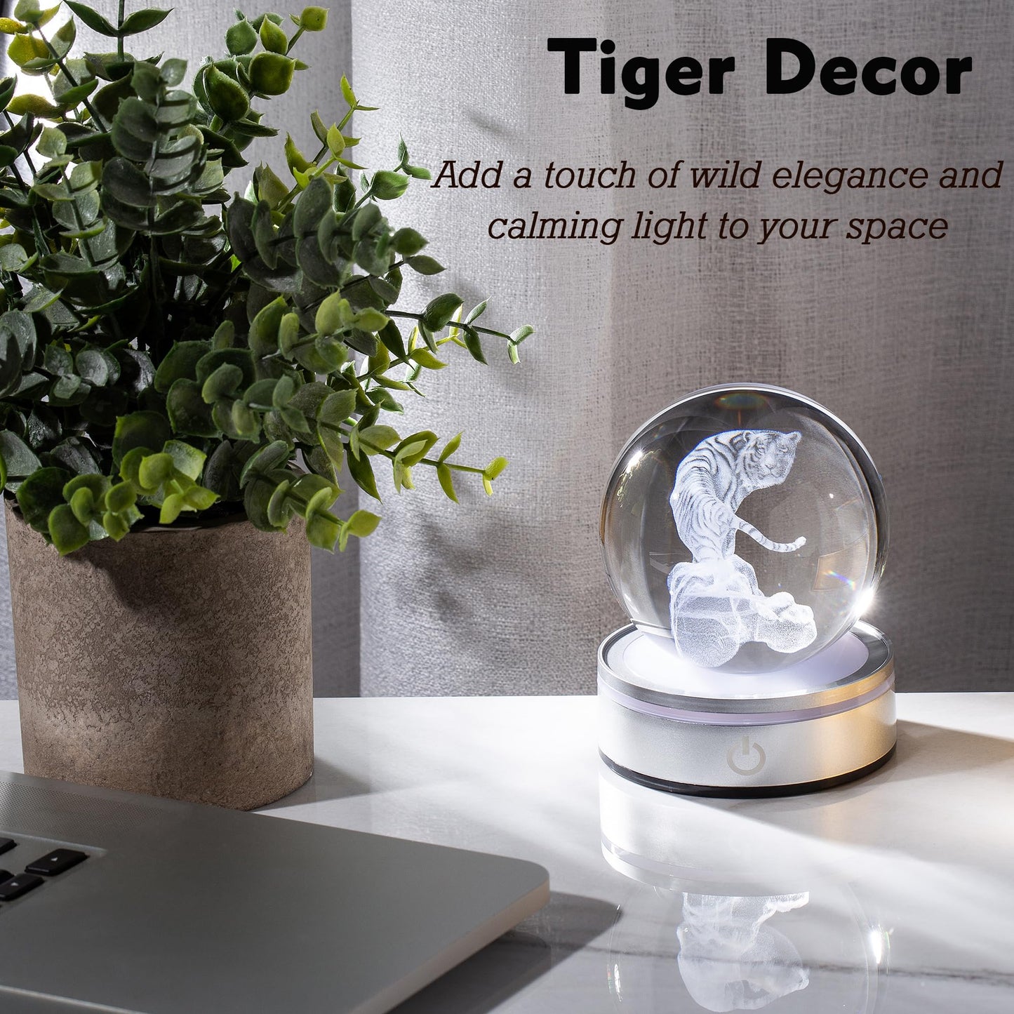 IFOLAINA Tiger Lovers Gifts for Men Women Birthday Anniversary 3D Crystal Ball White Tiger Figurine Lamps Decorations Animal Statue Presents for Him