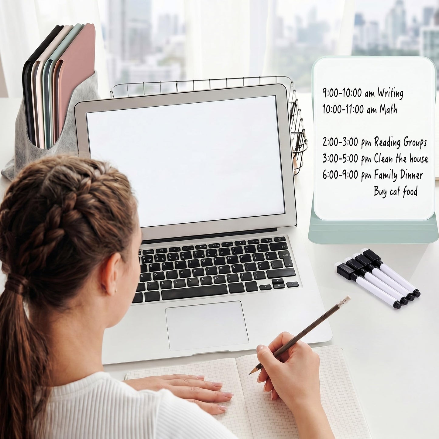 Dunzoom 4 Sets 8 Pcs Small Glass Desktop Whiteboard with Reversable Stand 8x6 Inch Mini Dry Erase White Board Easel with 2 Markers Reusable Desk Notepad for Home Office School Supplies (4 Colors)