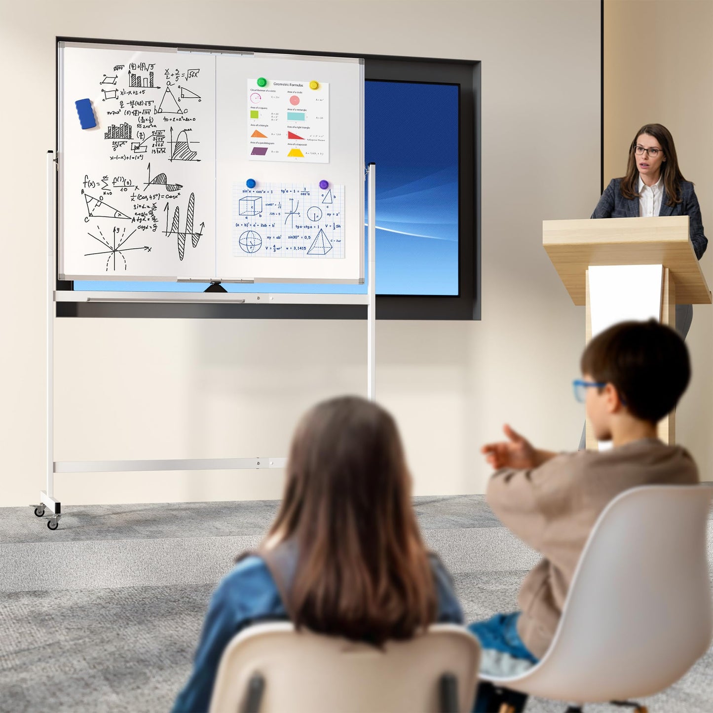 Large Rolling Whiteboard on Wheels, 48" x 36" Double-Sided Mobile White Board with Stand, 4' x 3' Portable Standing Magnetic Dry Erase Board Easel for Home Office Classroom School, Silver