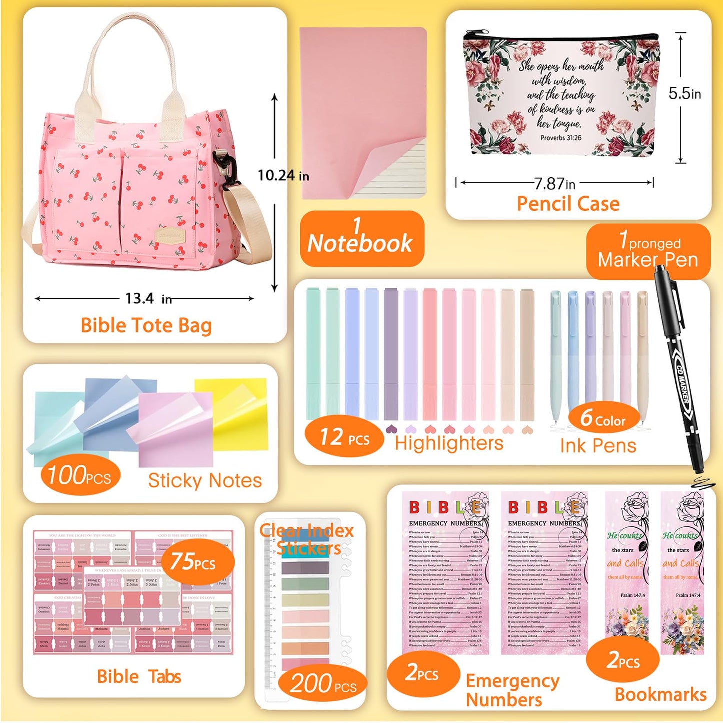 Cdnixwm Pink Bible Study Journaling Kit with Bag for Women, Annotation Kit with Highlighters and Pens, Pencil Case, Emergency Numbers and More, Christian Gifts for Bible Study (Pink-L)