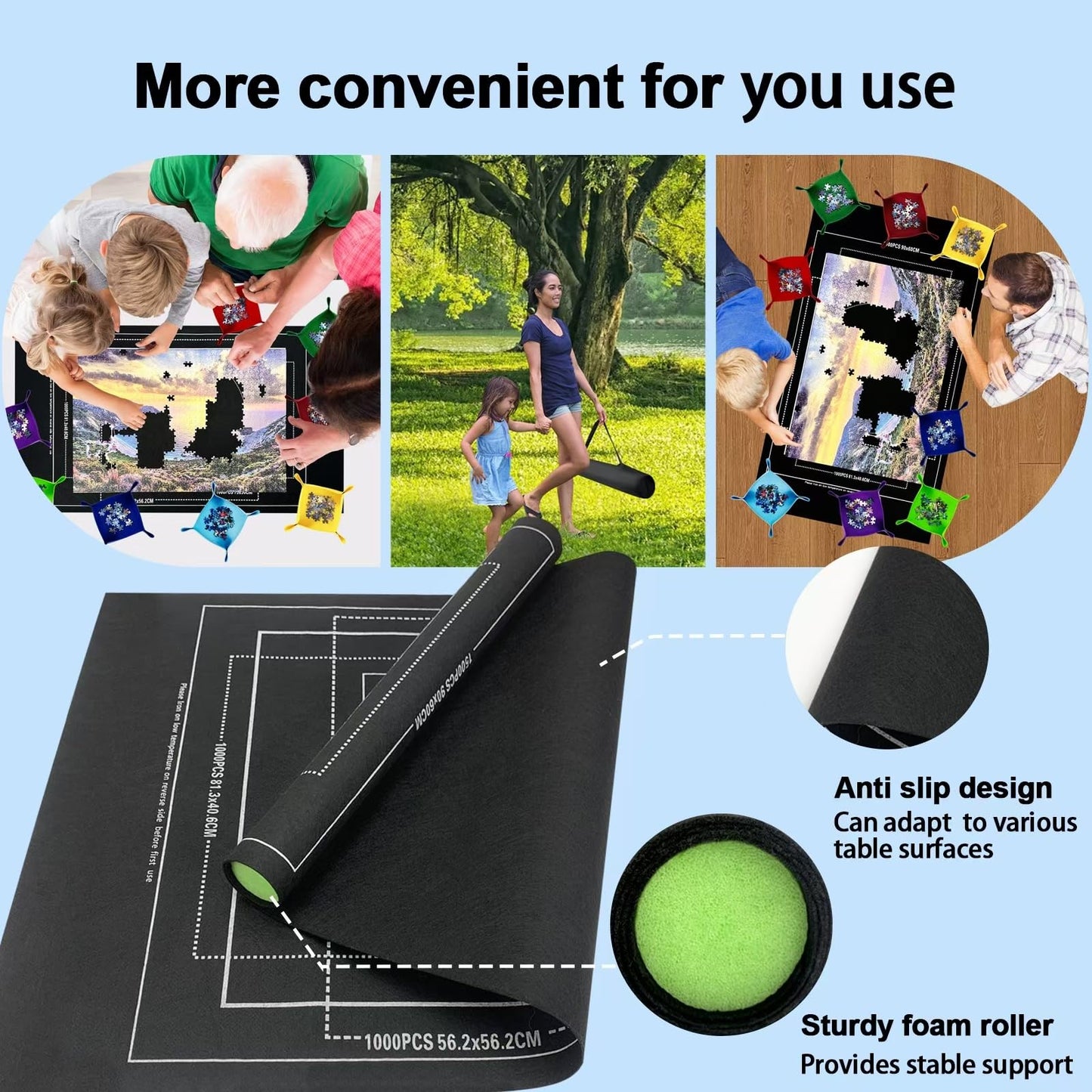 GOECI Puzzle Mat Roll Up with 8 Sorting Trays & Storage Gift Box, Large 46x26 Inch Puzzle Board for 500-1500 Pieces, Portable Puzzle Saver Kit with Travel Bag, Sturdy Box & Straps for Adults Black