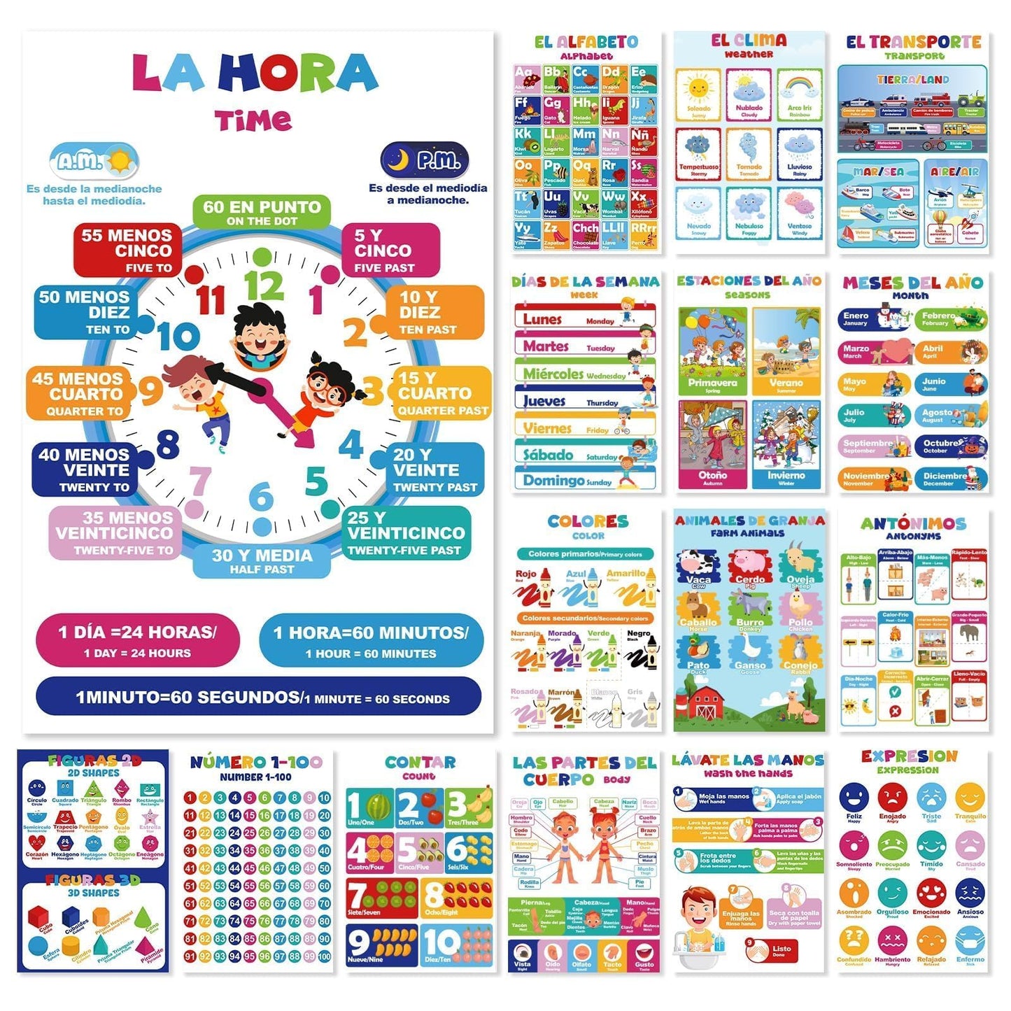 EggSun 16 Pcs Bilingual Learning Posters for School Classroom Decorations, 11 x 16in Poster Charts for Teachers Primary Middle High School Supplies Education Classroom Bulletin Board Wall Decor