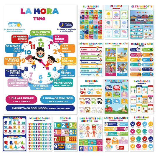 EggSun 16 Pcs Bilingual Learning Posters for School Classroom Decorations, 11 x 16in Poster Charts for Teachers Primary Middle High School Supplies Education Classroom Bulletin Board Wall Decor