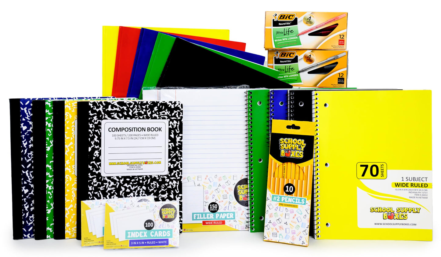 School Supply Boxes | Elementary Writing Bundle (1 Box) | Back to School Essentials Kit for Students & Teachers | Includes Wide-Ruled Filler Paper, Wide-Ruled Notebooks, 12 ct. Pens, & More