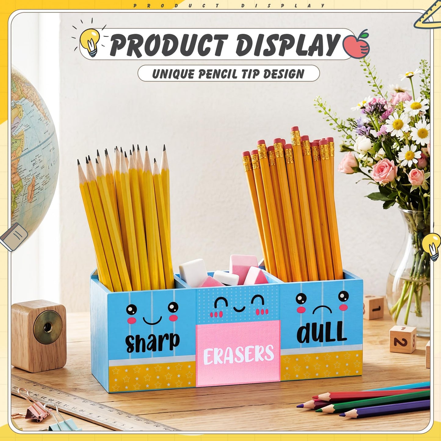 Eaasty Pencil Shaped and Sharp Dull Holder Eraser Wooden Dispenser Pencil Storage 3 Compartments for Back to School Teachers Classroom Organization(1 Pack,Blue Face)