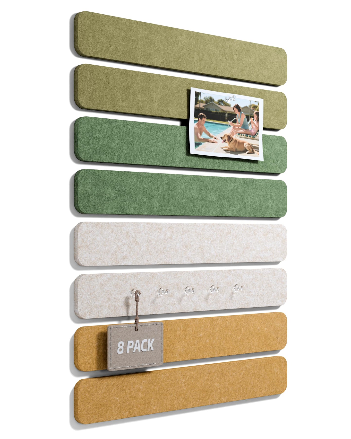 Fluxynara Cork Board Alternative Felt Strip Board 8-Pack 13"x2", Office Pin Board with 50 Push Pins, Adhesive Install for Bedroom Door & Home Office (Olive Grove)