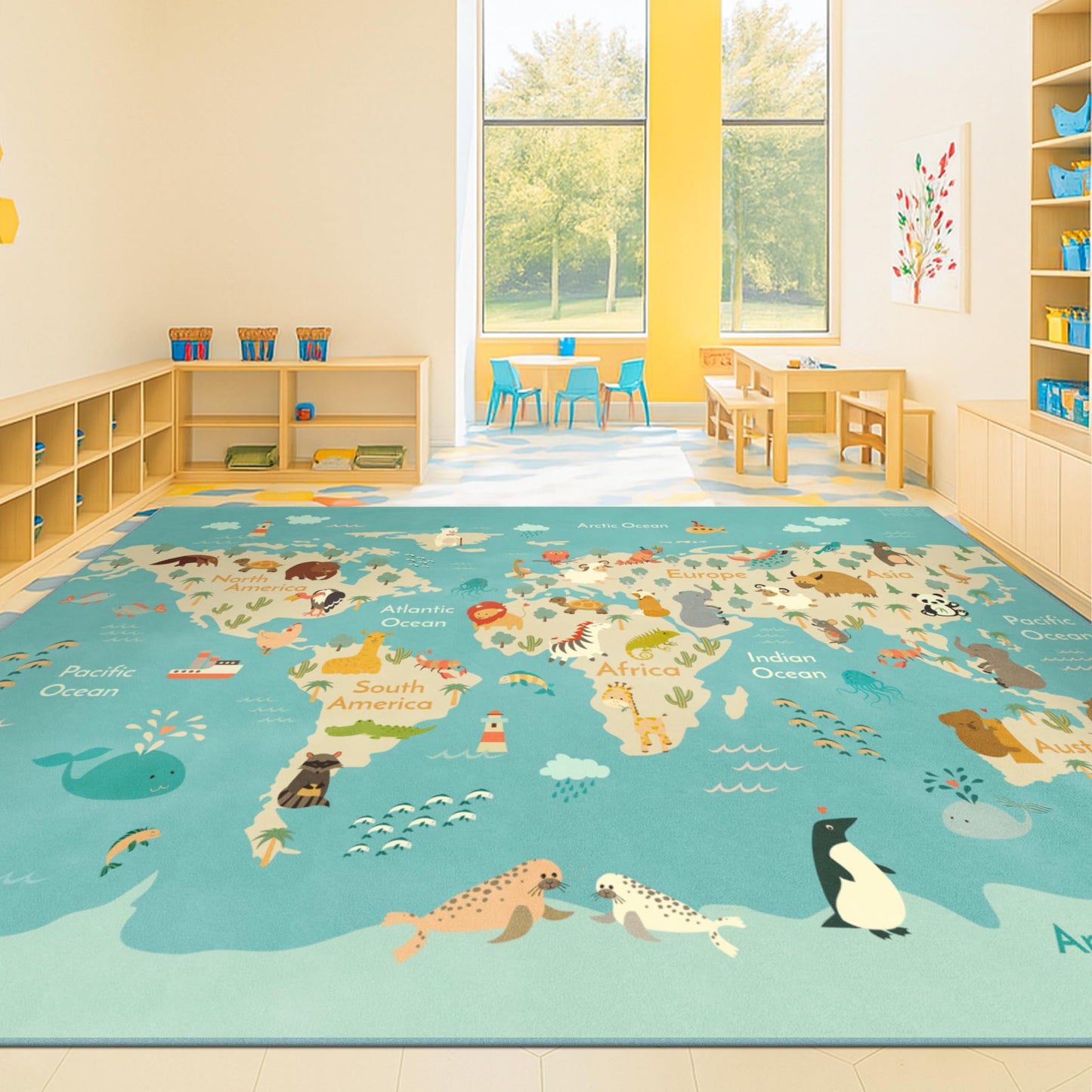 Hazo Haus Washable Large Kids Room Rug with Animal – 6x9 Educational World Map Play Mat for Bedroom – Non-Slip, Stain Resistant, Soft & Safe for Baby, Playroom Essentials - Blue Ocean