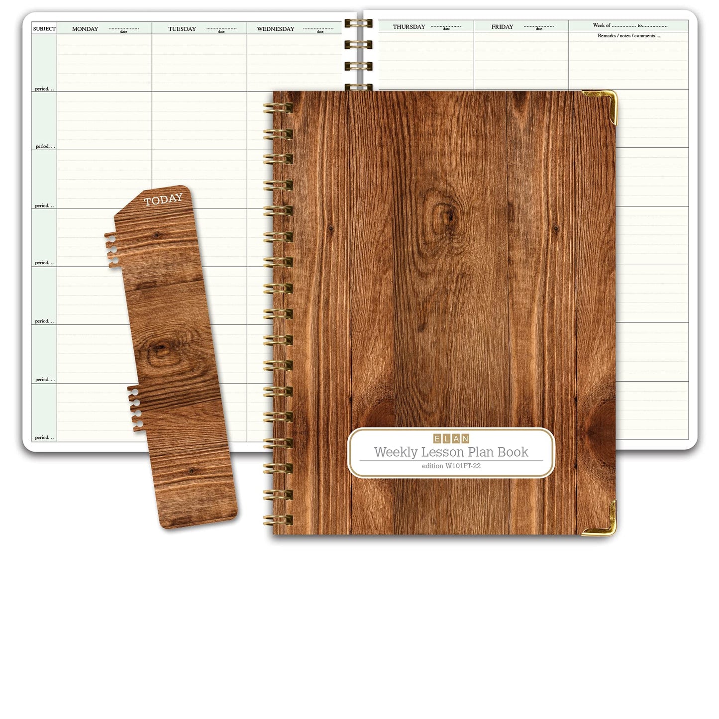 Elan Publishing Company HARDCOVER 7 Period Teacher Lesson Planner - Days Horizontally Across the Top with Bonus Clip-in Bookmark (Woodgrain)