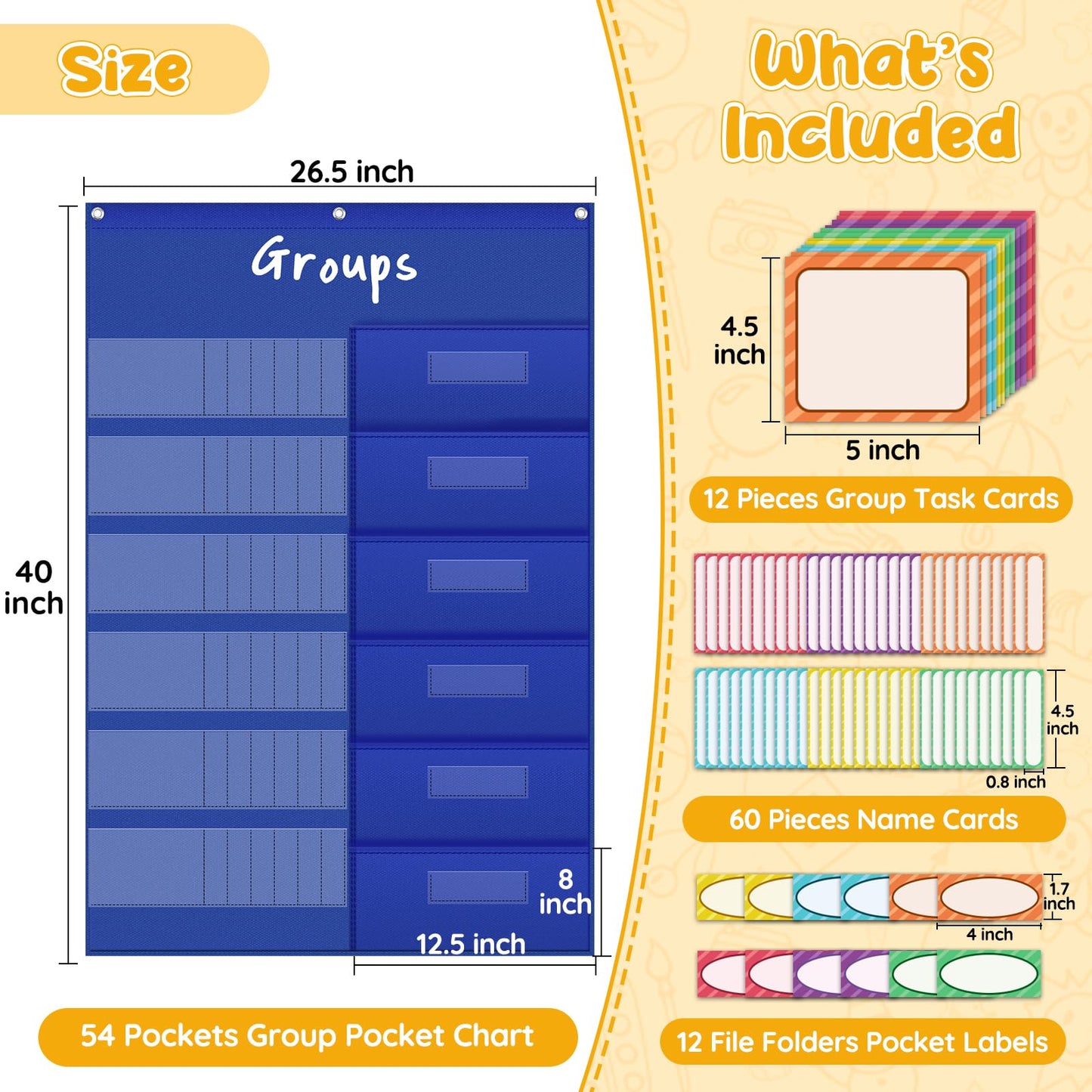 AKAYOK Small Group Pocket Chart with 84 Colorful Dry Erase Cards, Classroom Jobs Chart with 6 Pocket Wall Hanging File Folder, Pocket Chart for Classroom,Office,Home, Small Group Classroom Must Haves