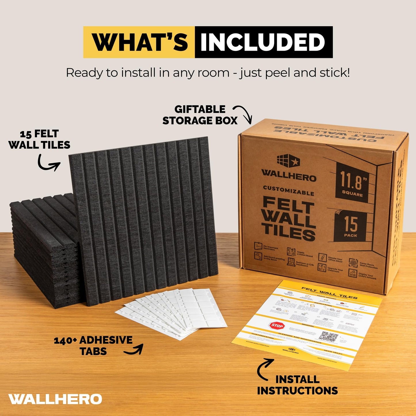 WALLHERO Large Bulletin Board, Tack Board, 59"x36" | 15 Pack | Wall Pin Board, Cork Board Alternative for Walls, Tablero de Corcho para Pared, Cord Board for Wall (Black Slats)