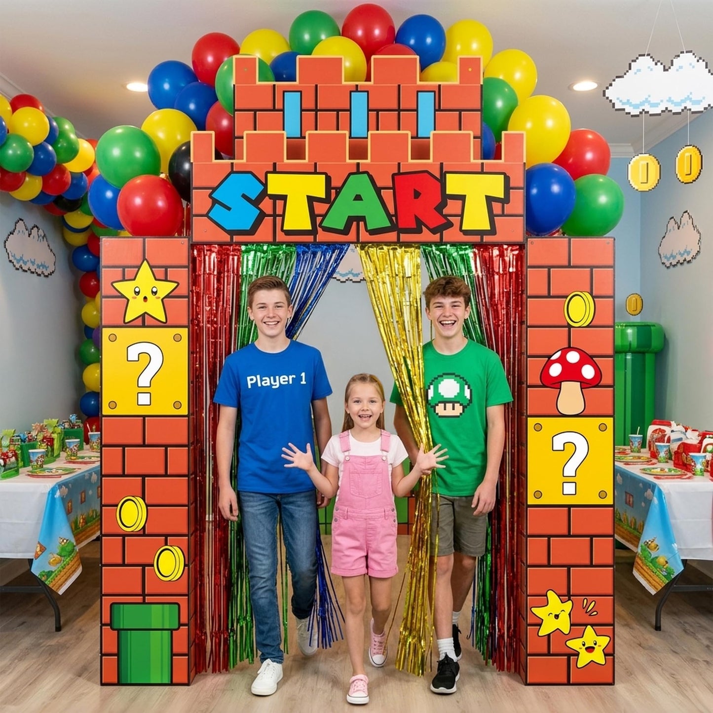 JewGewenil Super Adventure Theme Party Banners - 25Pcs Red Green Blue Yellow Foil Fringe Backdrop Curtains and Balloon Decoration Set, Magic Inspired Design for Classroom Birthday Photo Booth (Start)