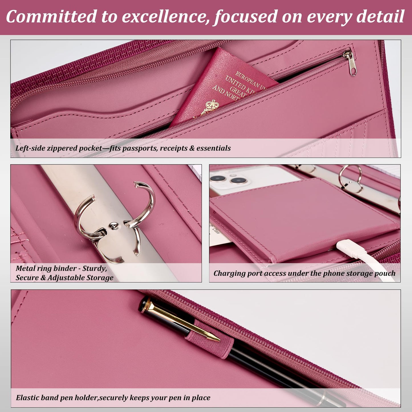 Leathario Portfolio Binder, Includes 5 Folder Index Dividers and 3 Notepads, 3-Ring Folder Organizer, Padfolio with Zipper, Vegan Leather Tablet Sleeve, Business Office Conference Clipboards