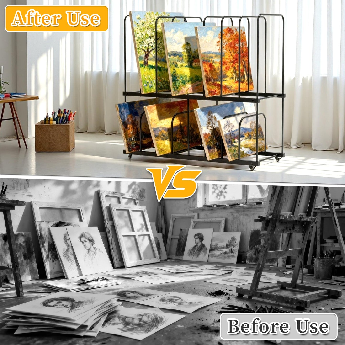 Tredre 2-Tier Art Storage Rack with Wheels, Extra-Large Adjustable Art Drying Painting Rack, Metal Canvas Storage Display Stand for Art Studio, Classroom and Gallery, 38.5" x 39.5" x 16" (Black)