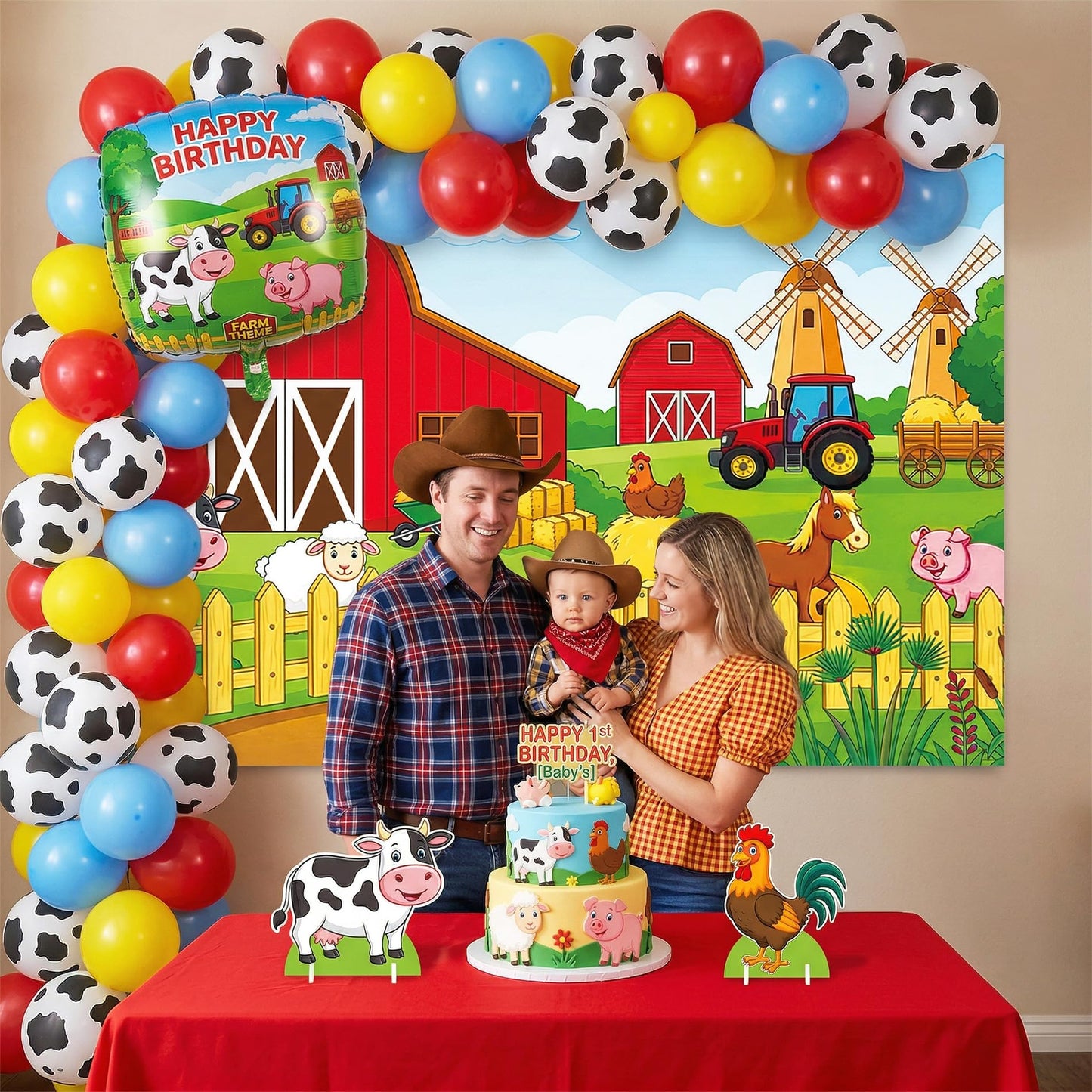Farm Barn Backdrop 7x5ft - Red Barn Farmhouse Animals Backdrop for Birthday Animals Theme Party Decorations Cartoon Farm for Kids Children Baby Shower Newborn Truck Car Background Photography Banner