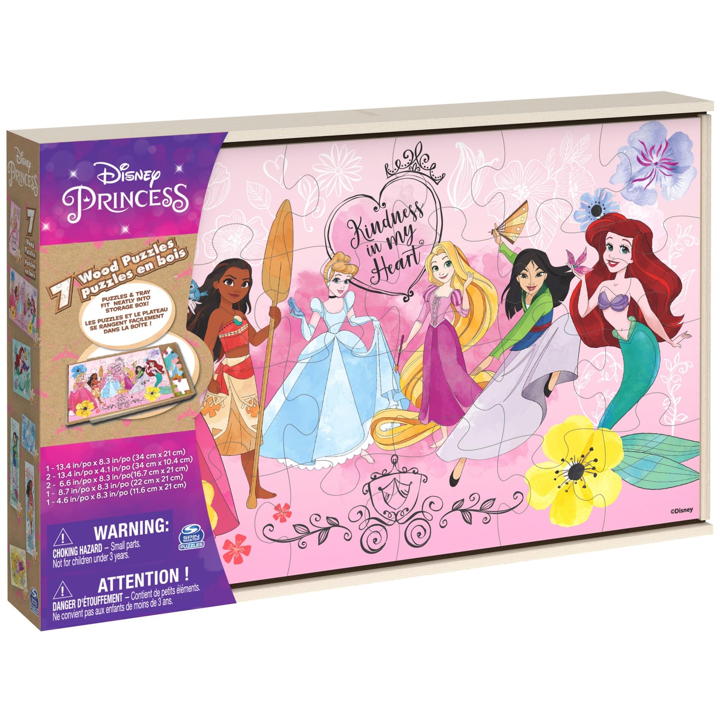 Spin Master Games, Disney Princess Puzzles, 7-Pack, Jigsaw Kids Puzzles, 12, 16, & 24 Pieces, Featuring Ariel, Tiana, Rapunzel, Pocahontas, Storage Tray, for Ages 4 & Up