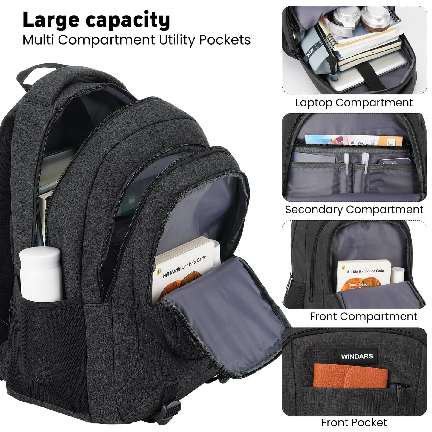 WINDARS Backpack for Men and Women, School Backpacks for Teens Boys, 15.6 Inch Large College Bookbag Durable Computer Laptop Bag with USB Charger Port for Business Work Travel, Black