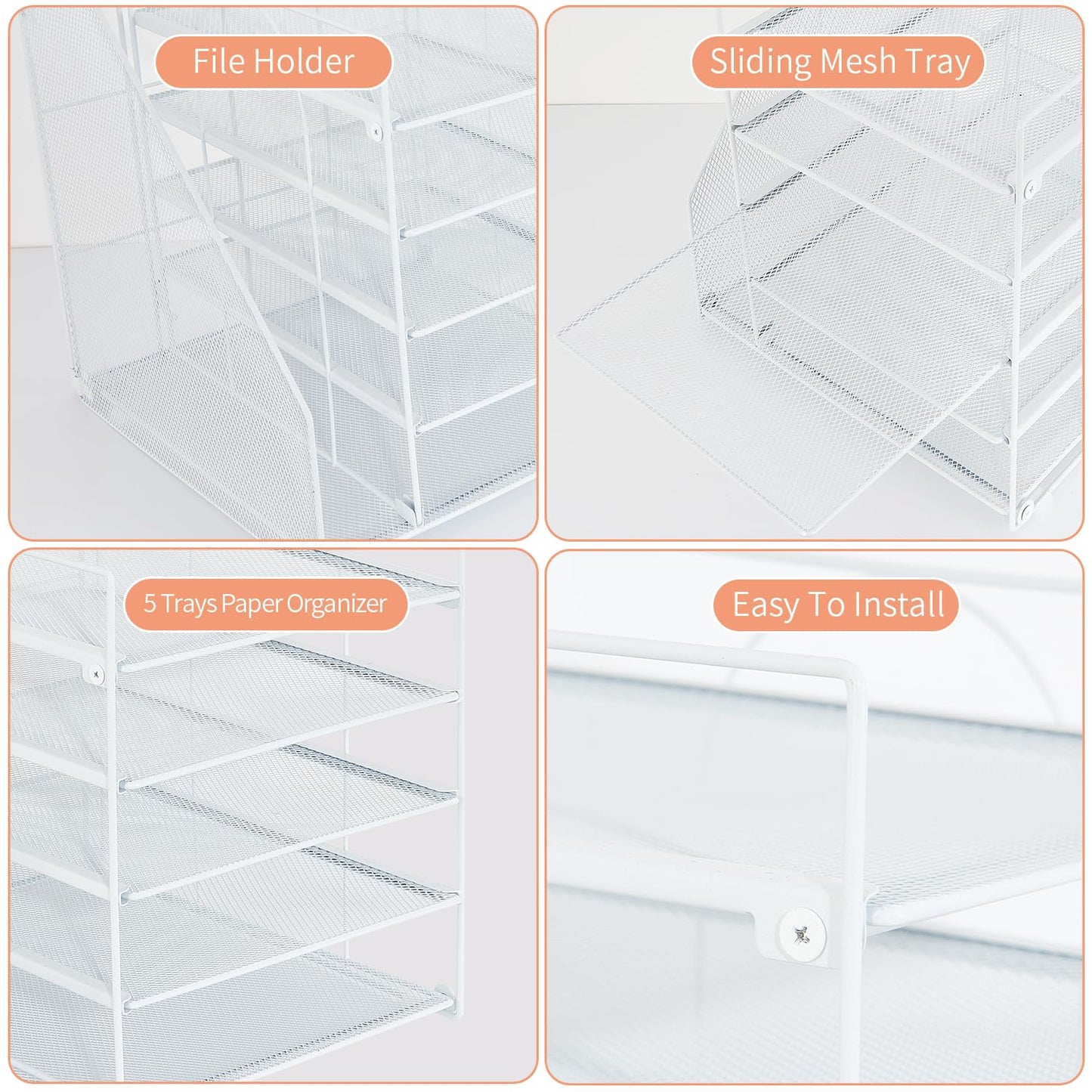 LEKETREE Desk Organizers and Accessories, 5-Tier Paper Letter Tray Organizer with File Holder, Desktop Organizer for Office Supplies (White)