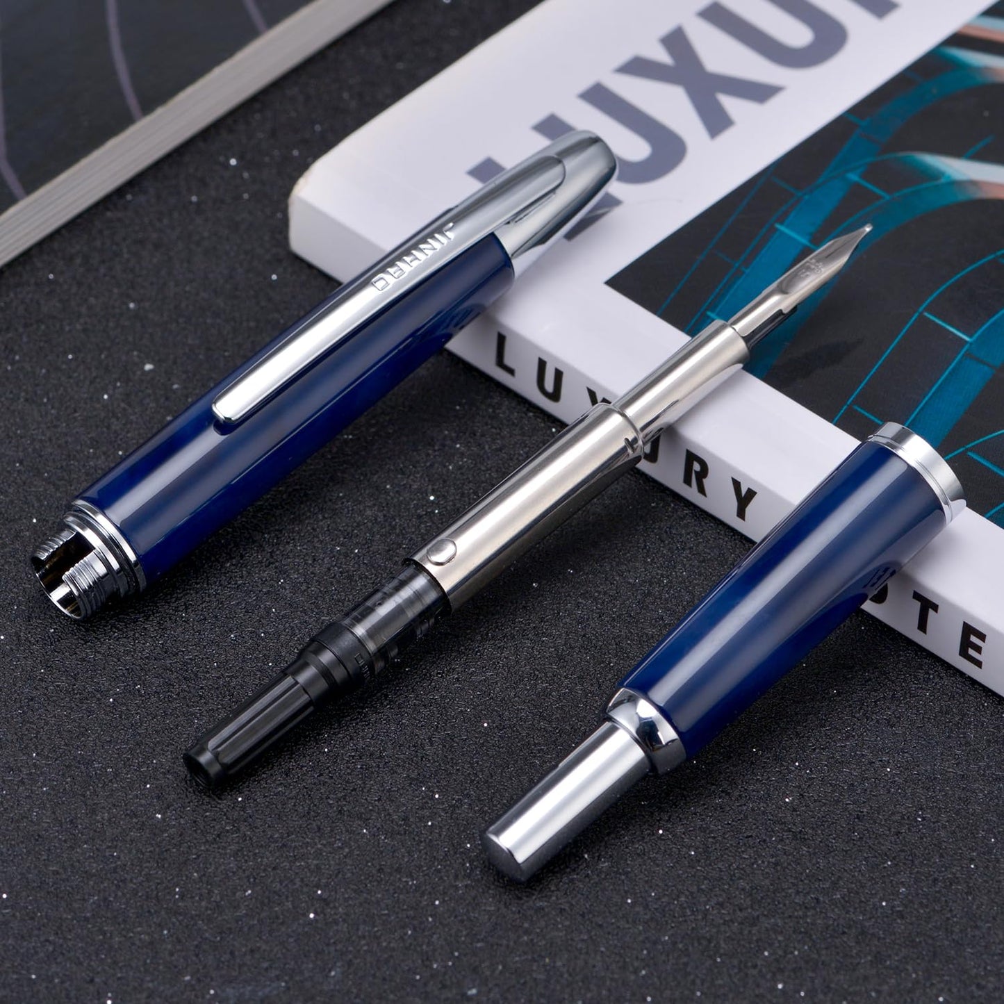 Jinhao 10 Press Fountain Pen with Box, Glacier Blue Retractable Extra Fine Nib with Ink Converter Set (Silver Clip)