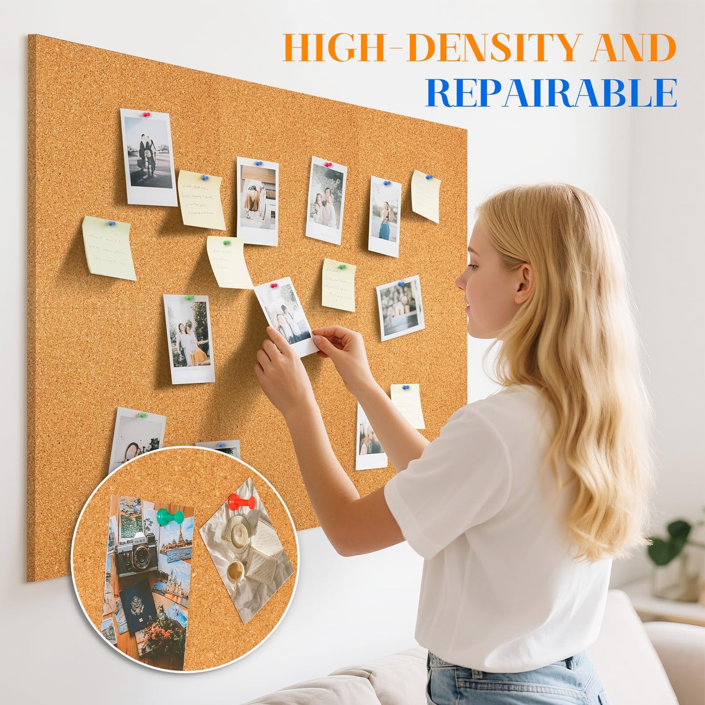 DOLLAR BOSS Cork Board Tiles, 6 Packs 12" x 12" 1/2" Thick Cork Bulletin Board Self Adhesive Corkboards for Walls with 60 Pushpins for Home Office Kitchen School Decor Display