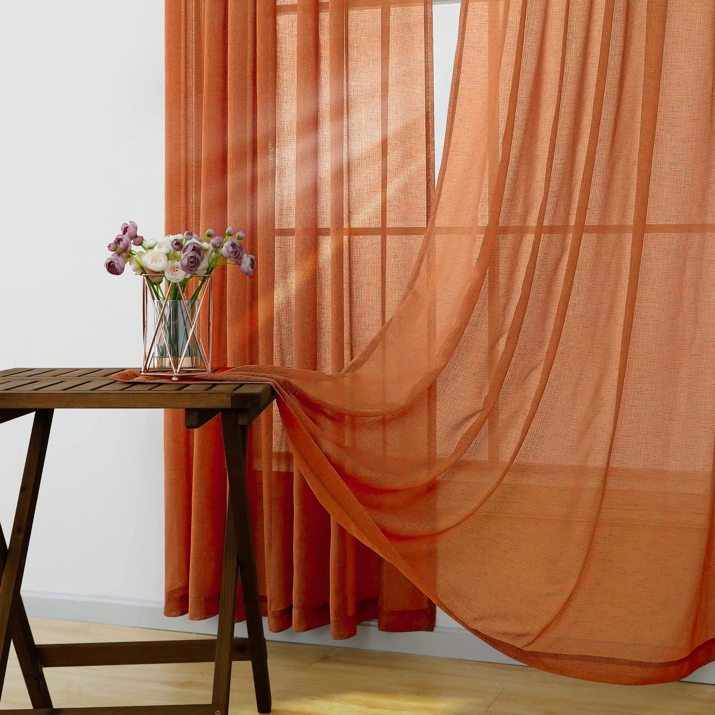 KOUFALL Burnt Orange Boho Sheer Curtains 63 Inch Length for Living Room 2 Panels Set Linen Bohemian Curtains for Bedroom