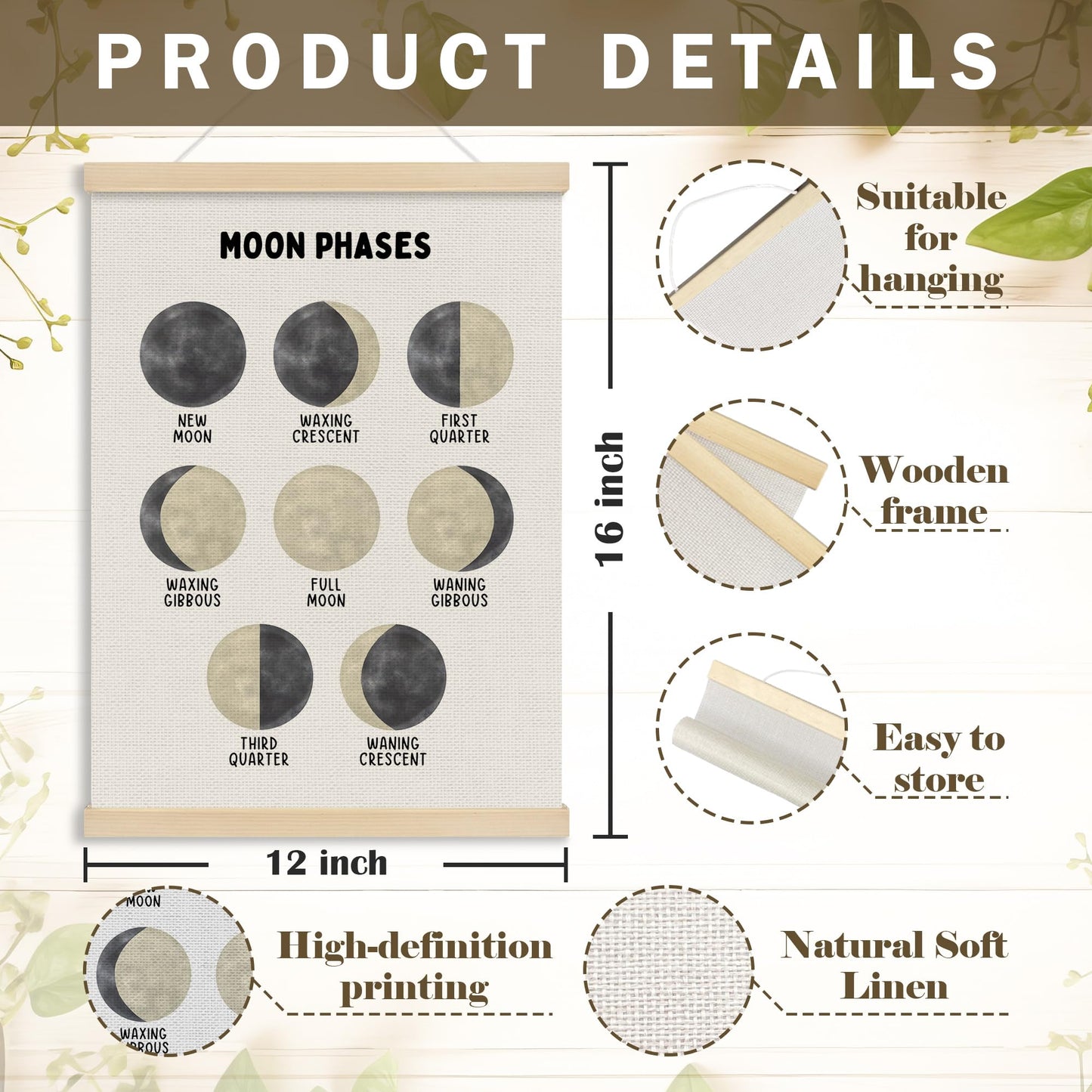 MOTERMATE Moon Phase Wall Decor Poster, Boho Moon Wall Art, Educational Learning Preschool Canvas Poster Hanger Frame, Homeschool Celestial Wall Hanging Banner Decor for Classroom Toddler, 12x16 Inch