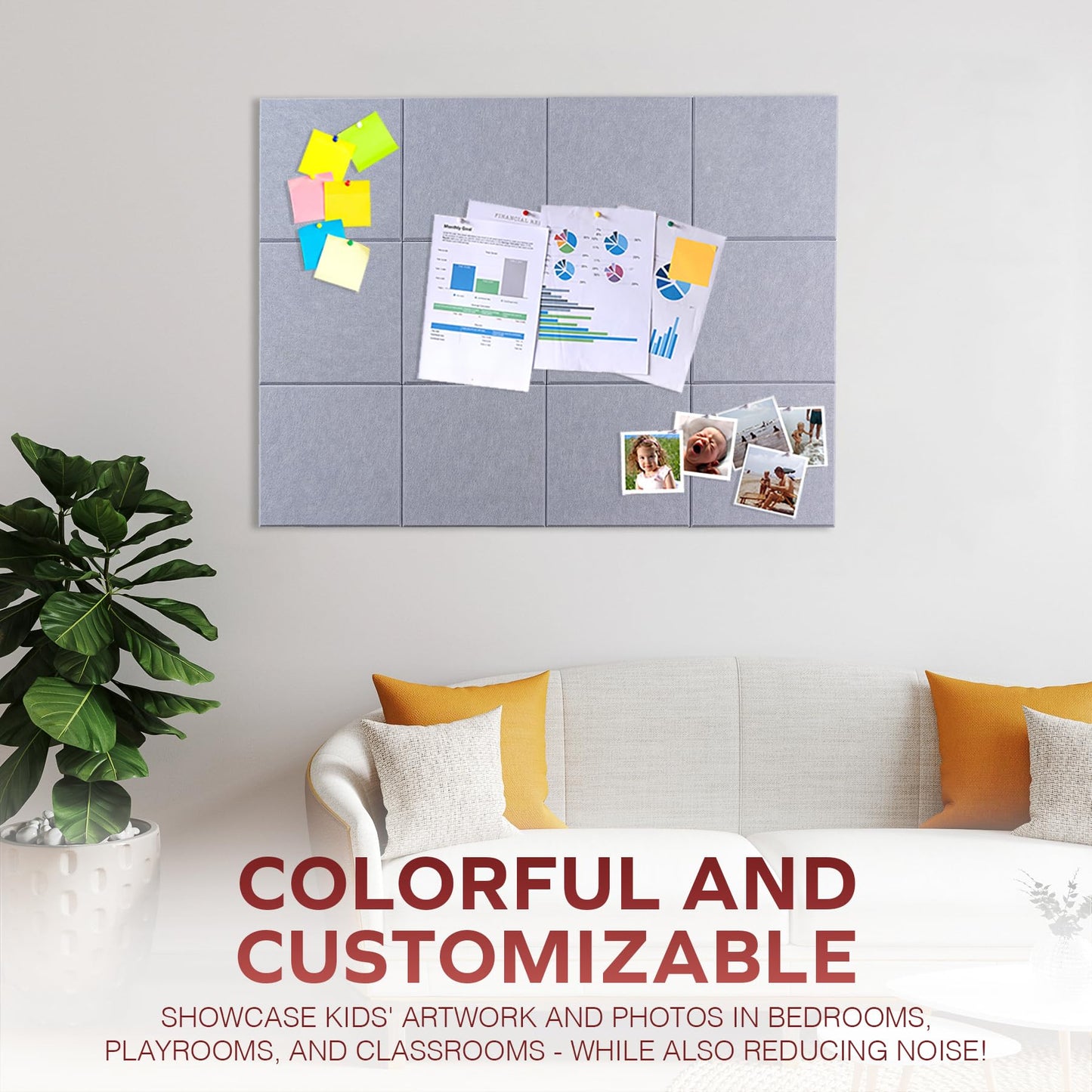 Bulletin Board 40x30in, 12 Count 9.8 x 9.8in Felt Wall Tiles with Removable Adhesive Tape, Cork Board Alternative for Walls, Wall Decor, Kids Art Display, Kids Room (Classic Gray Collection)